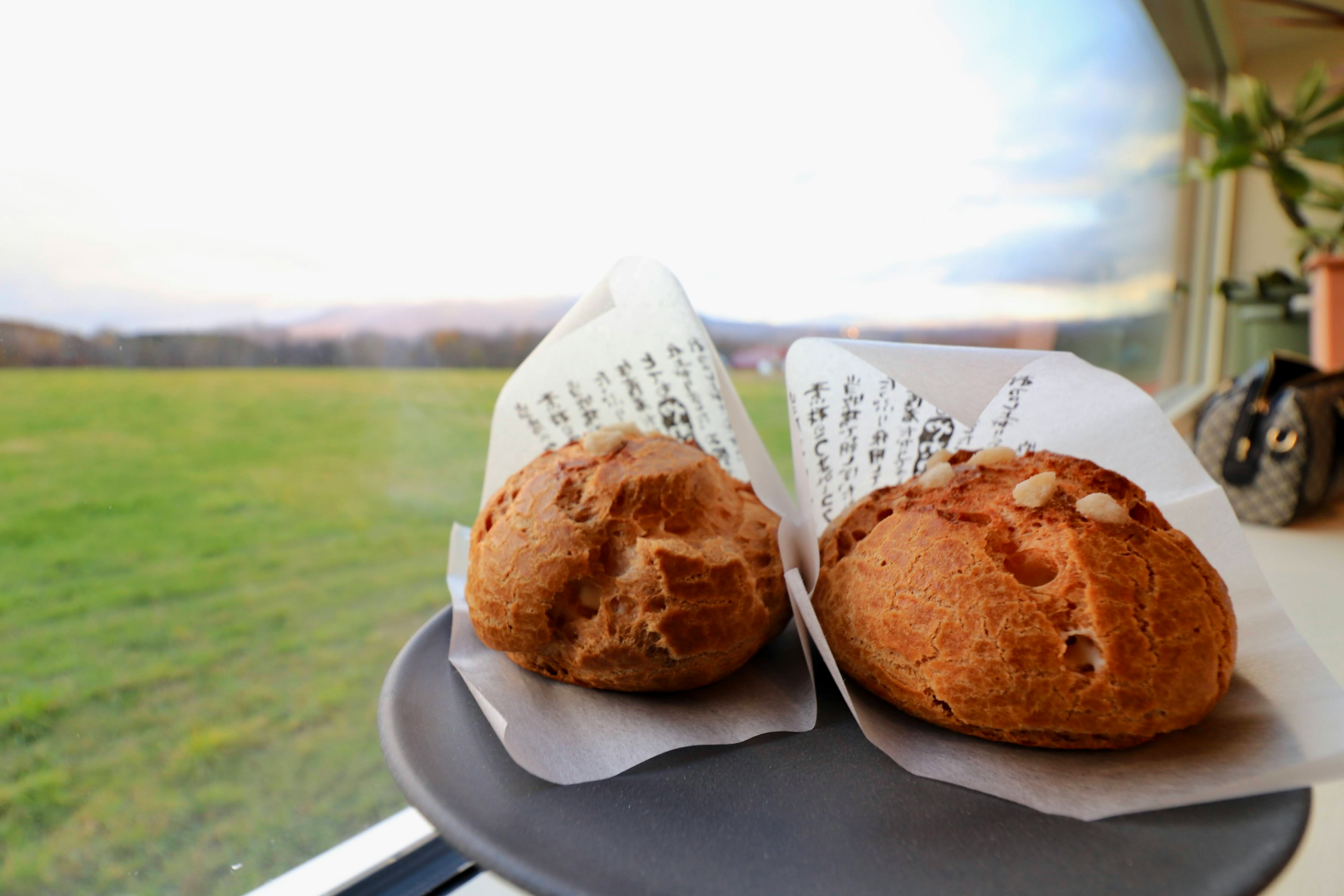 Dos piezas de pan en un plato cerca de una ventana con un campo verde afuera