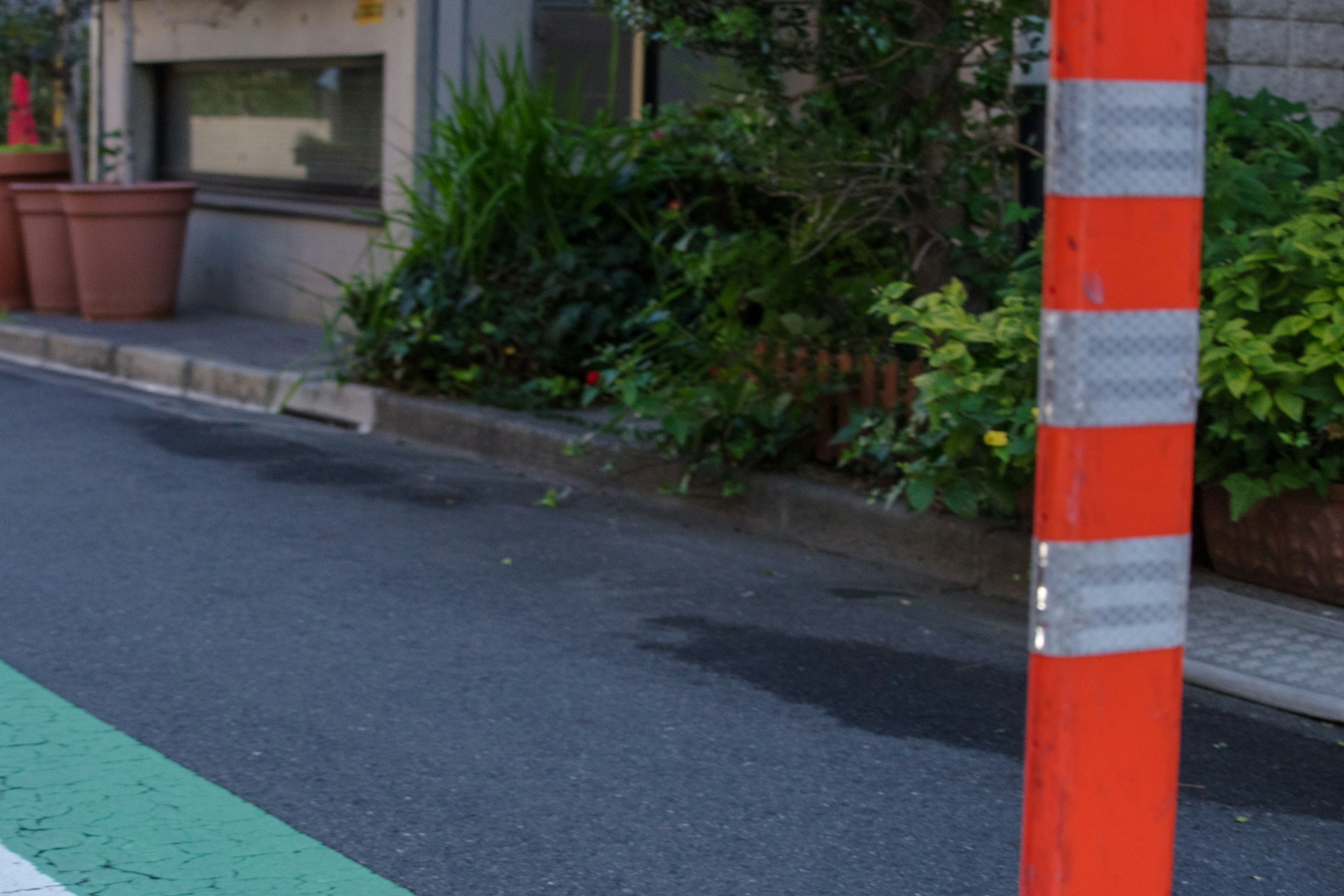 Escena callejera con un poste a rayas rojas y blancas y un carril bici verde