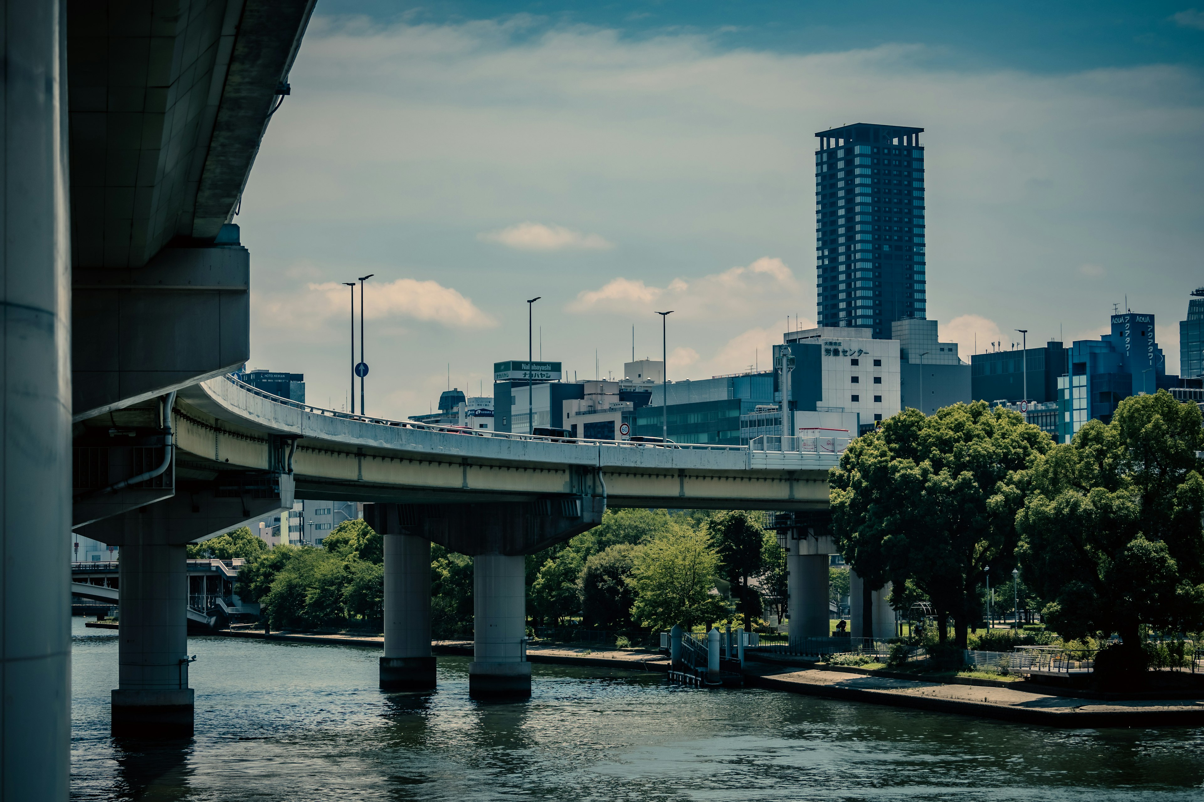 Städtische Landschaft mit einem Fluss und Wolkenkratzern mit einer Brücke darüber