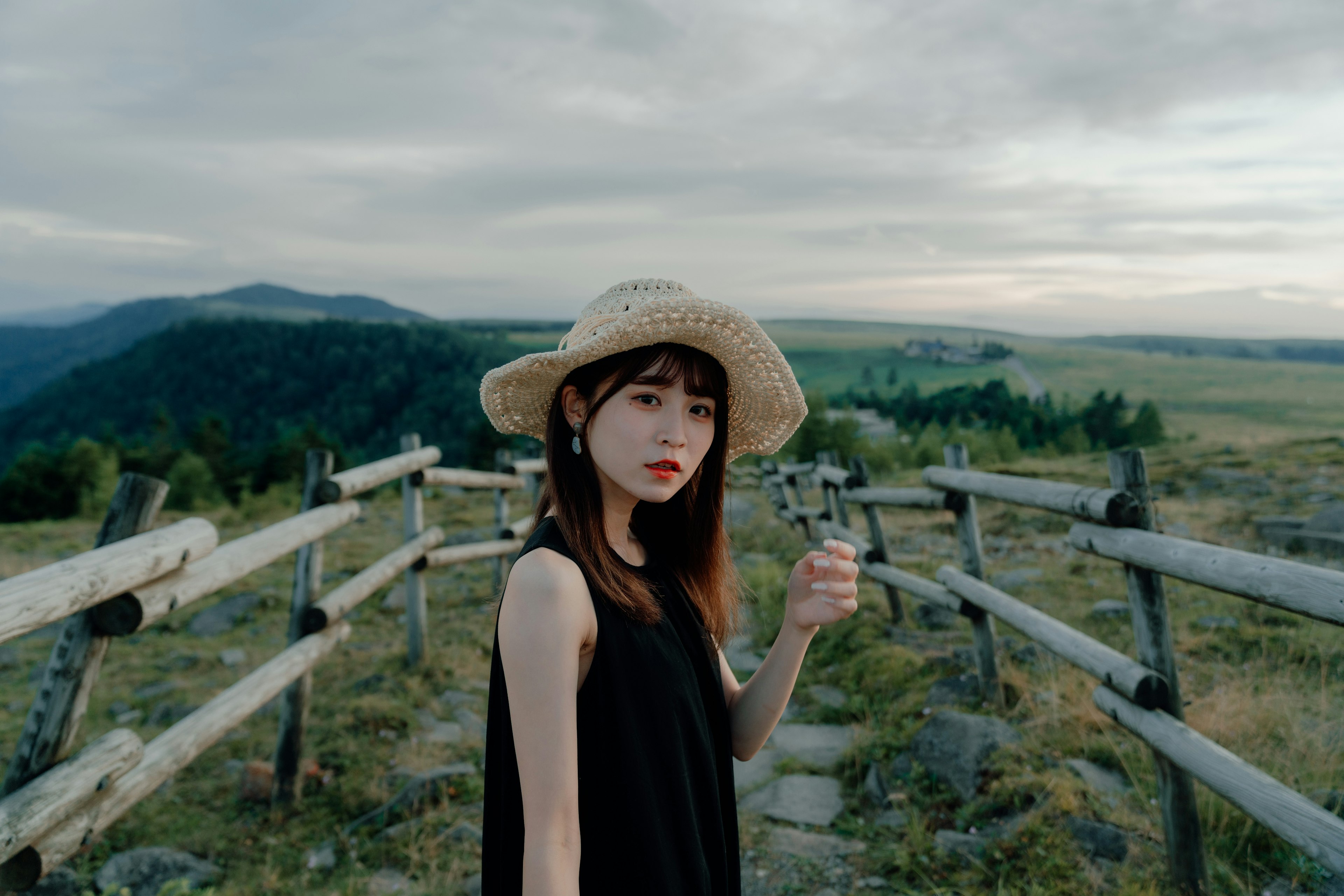 緑の風景と木のフェンスの前に立つ女性のポートレート