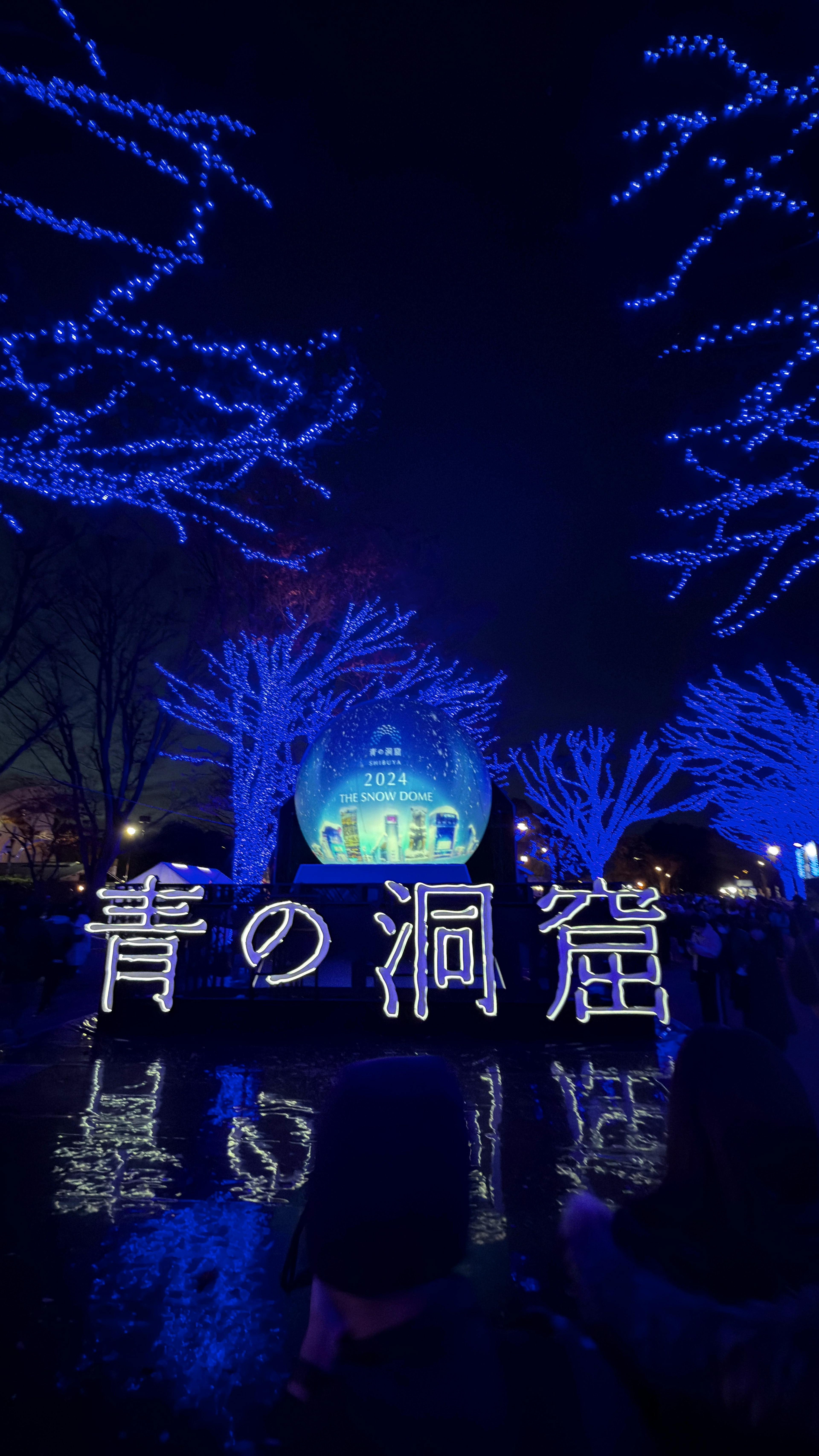 Night view of Aono Cave illuminated with blue lights