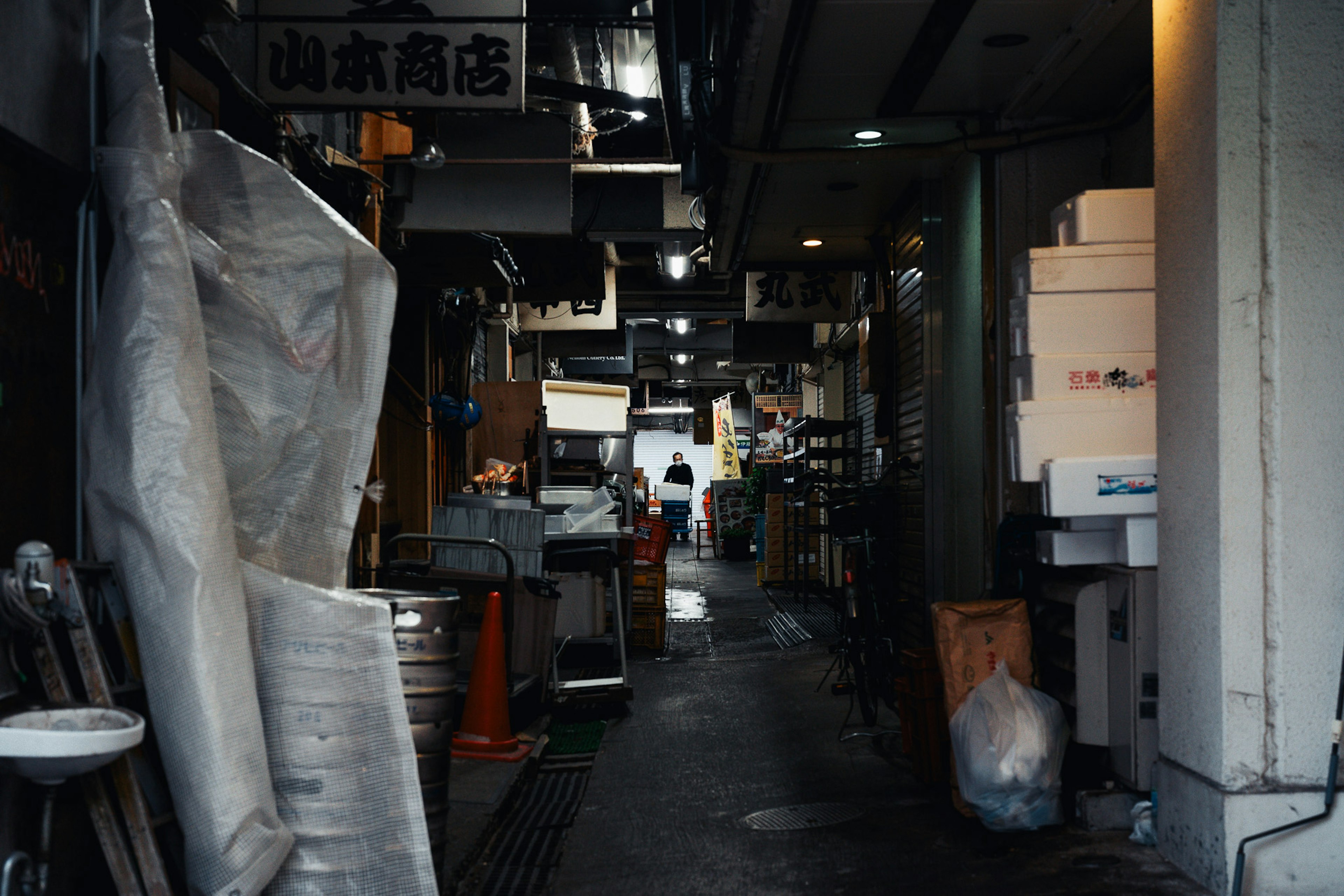 Narrow alley with shops and packed items characteristic of a Japanese market