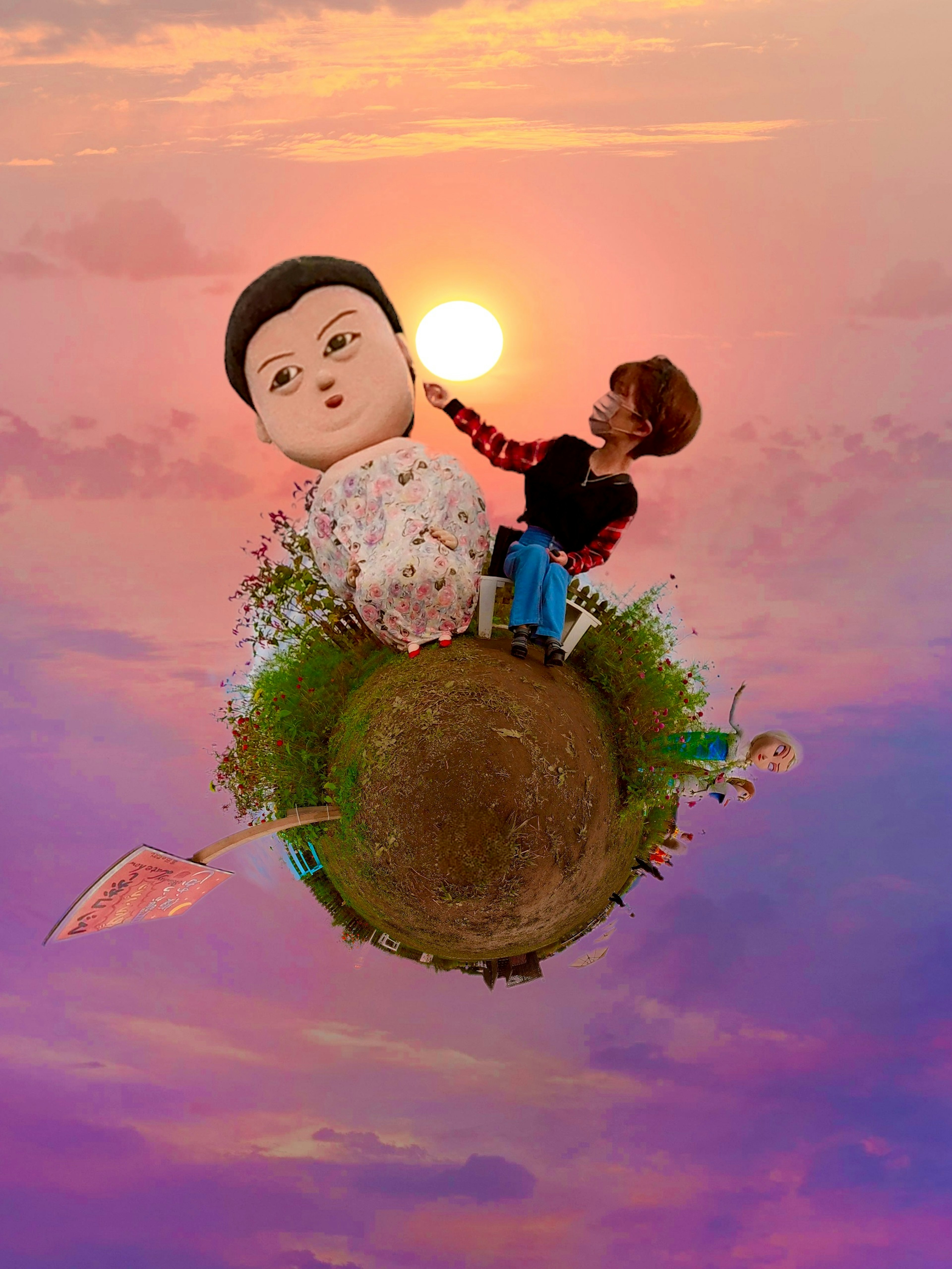 A character sitting on a small planet reaching for the sun in a whimsical landscape