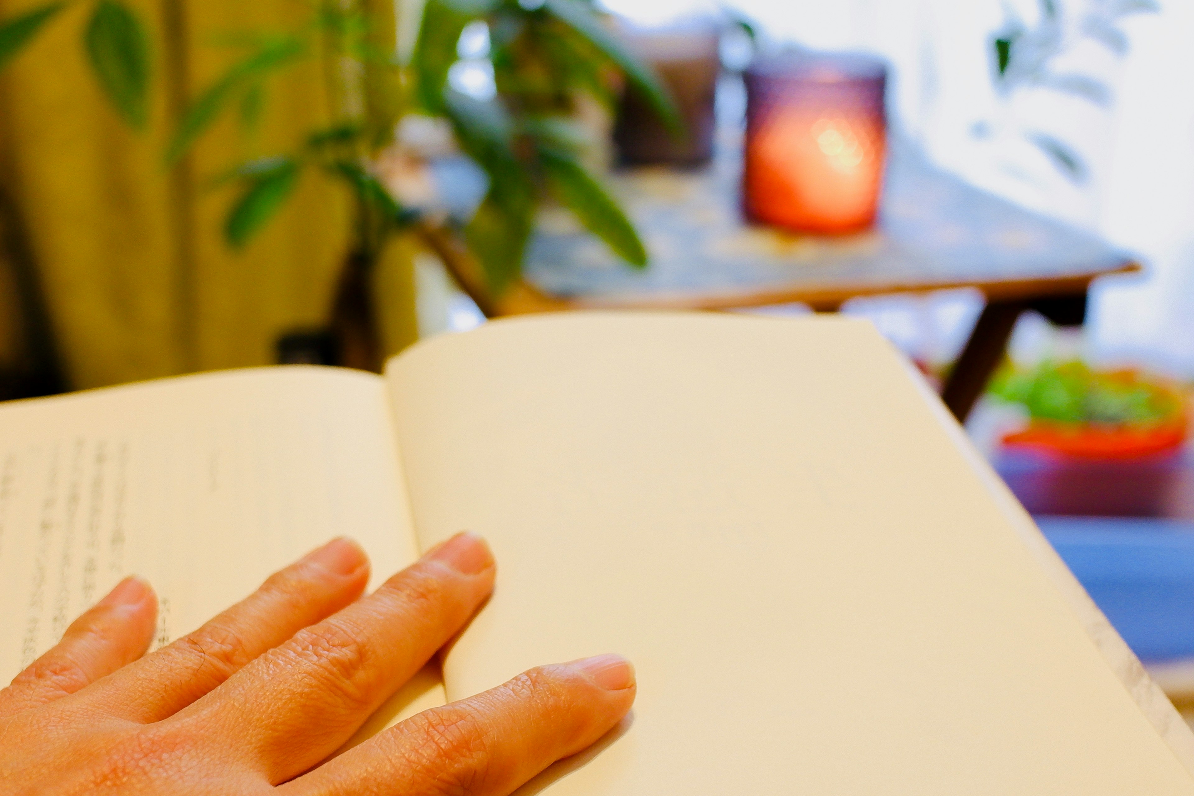 Open book with a hand in a cozy indoor setting