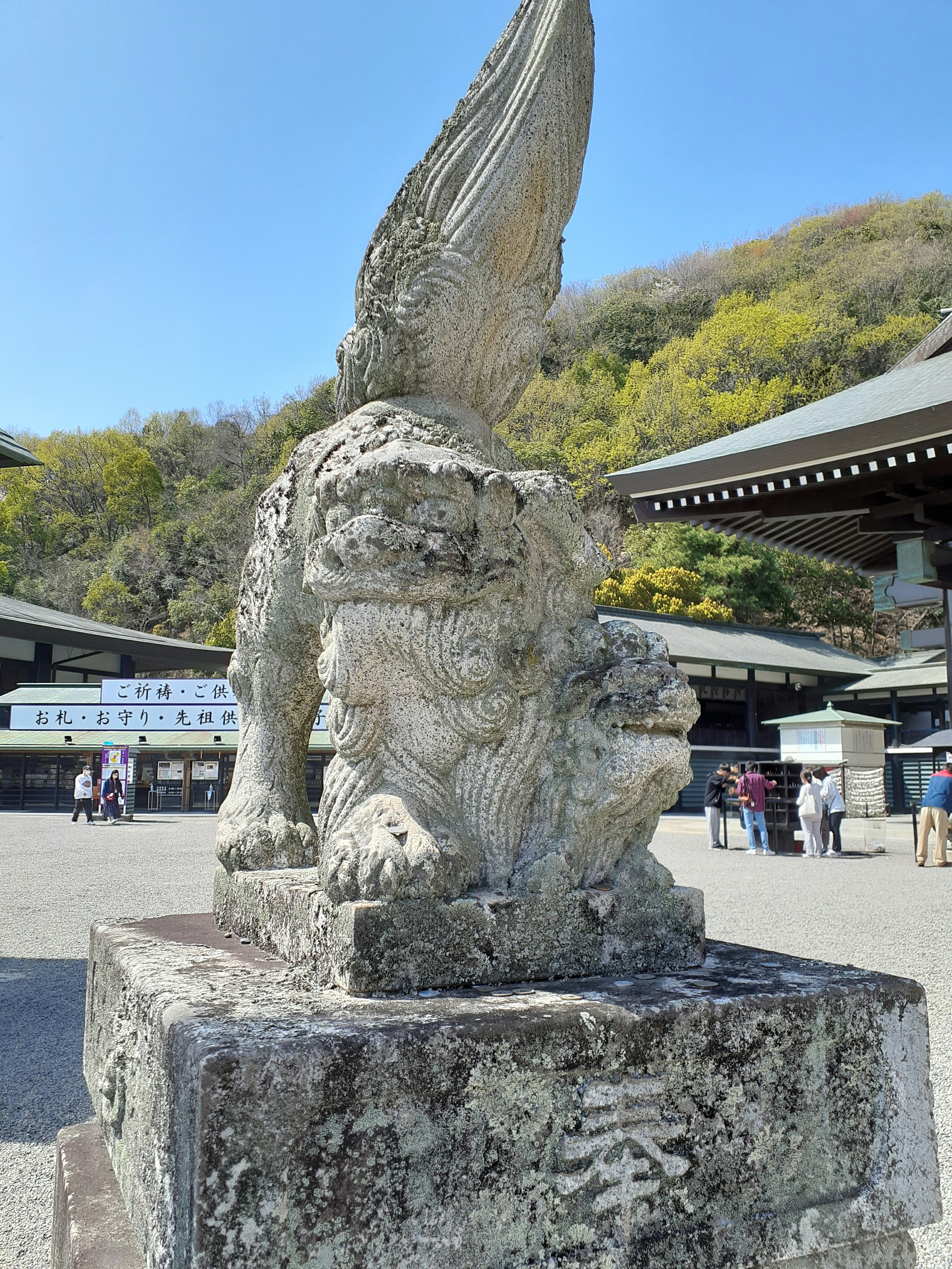 石狮子雕像矗立在神社庭院中 背景是绿色的山