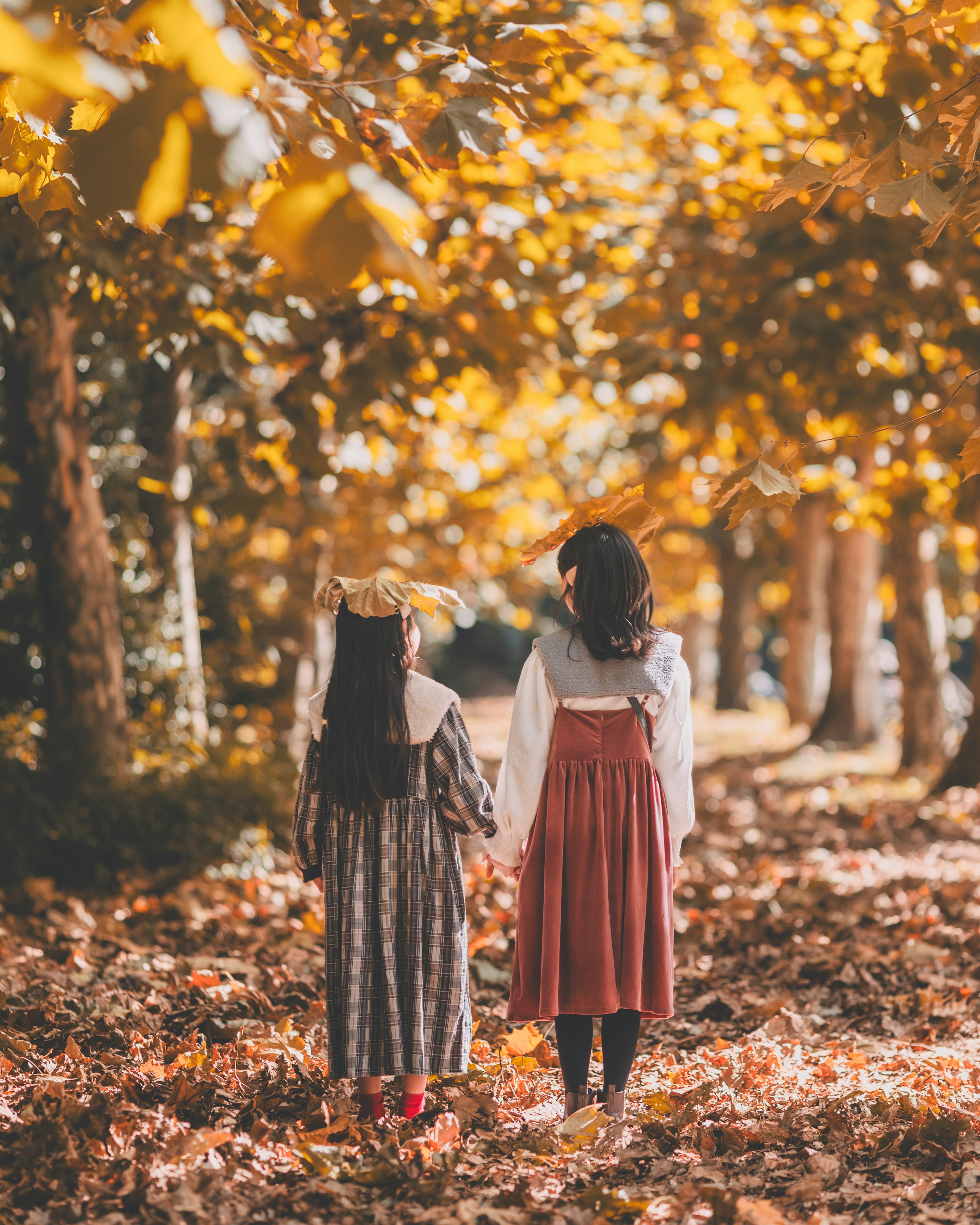 Dos niñas caminando de la mano por un sendero flanqueado de árboles de otoño