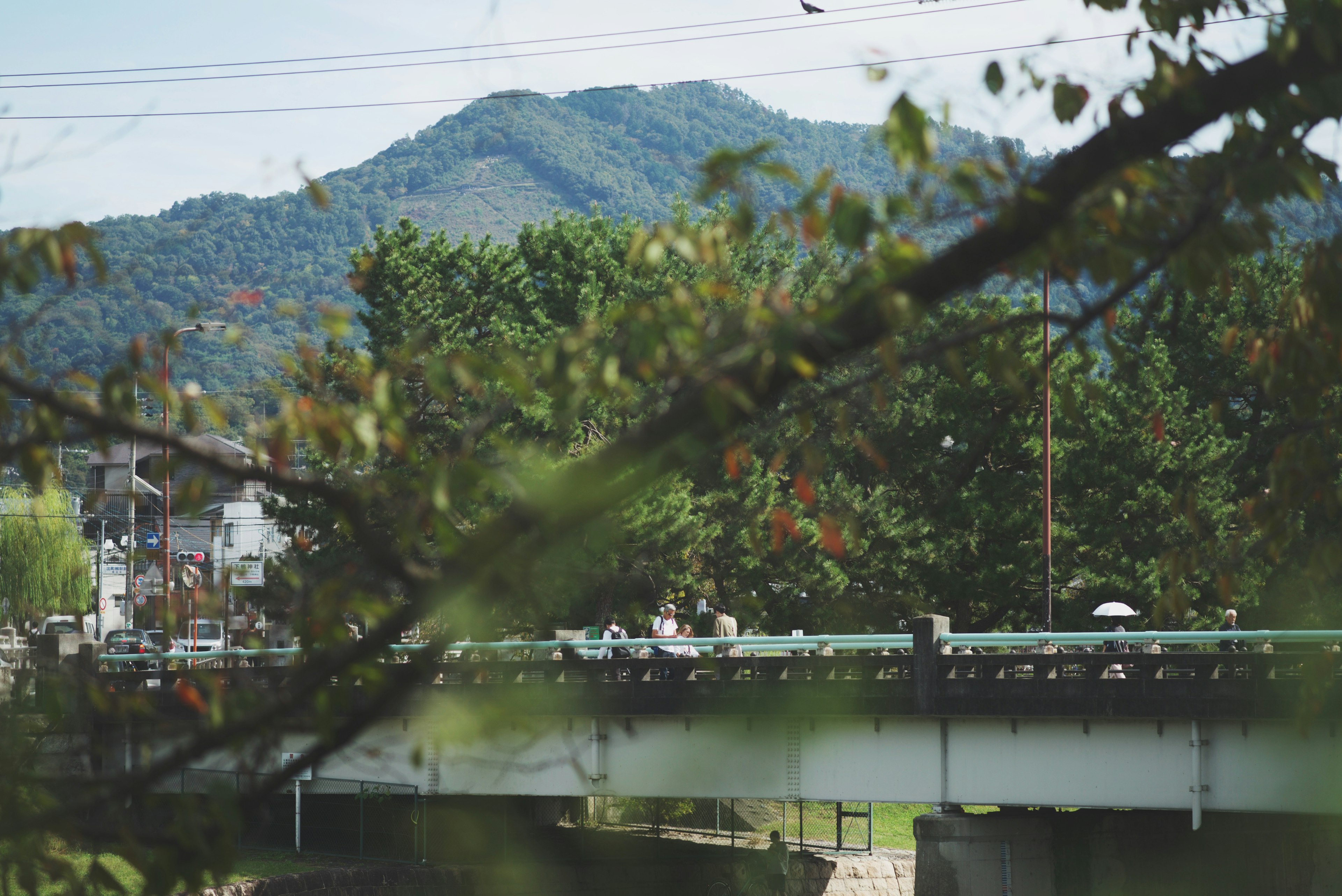 A bridge seen through green trees with mountains in the background