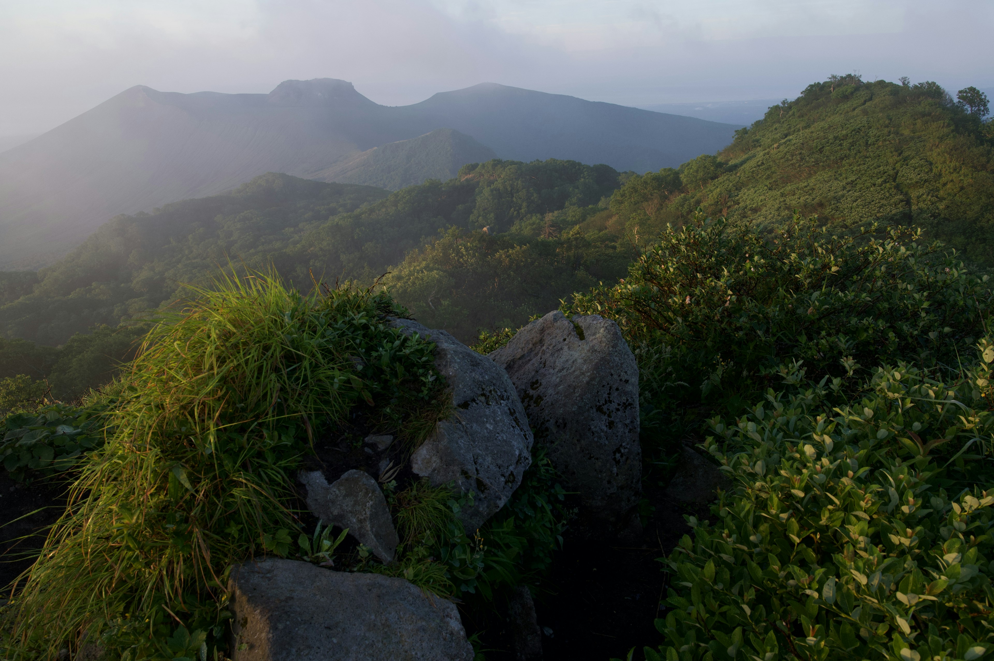 Paisaje montañoso brumoso con hierba verde exuberante y rocas dispersas