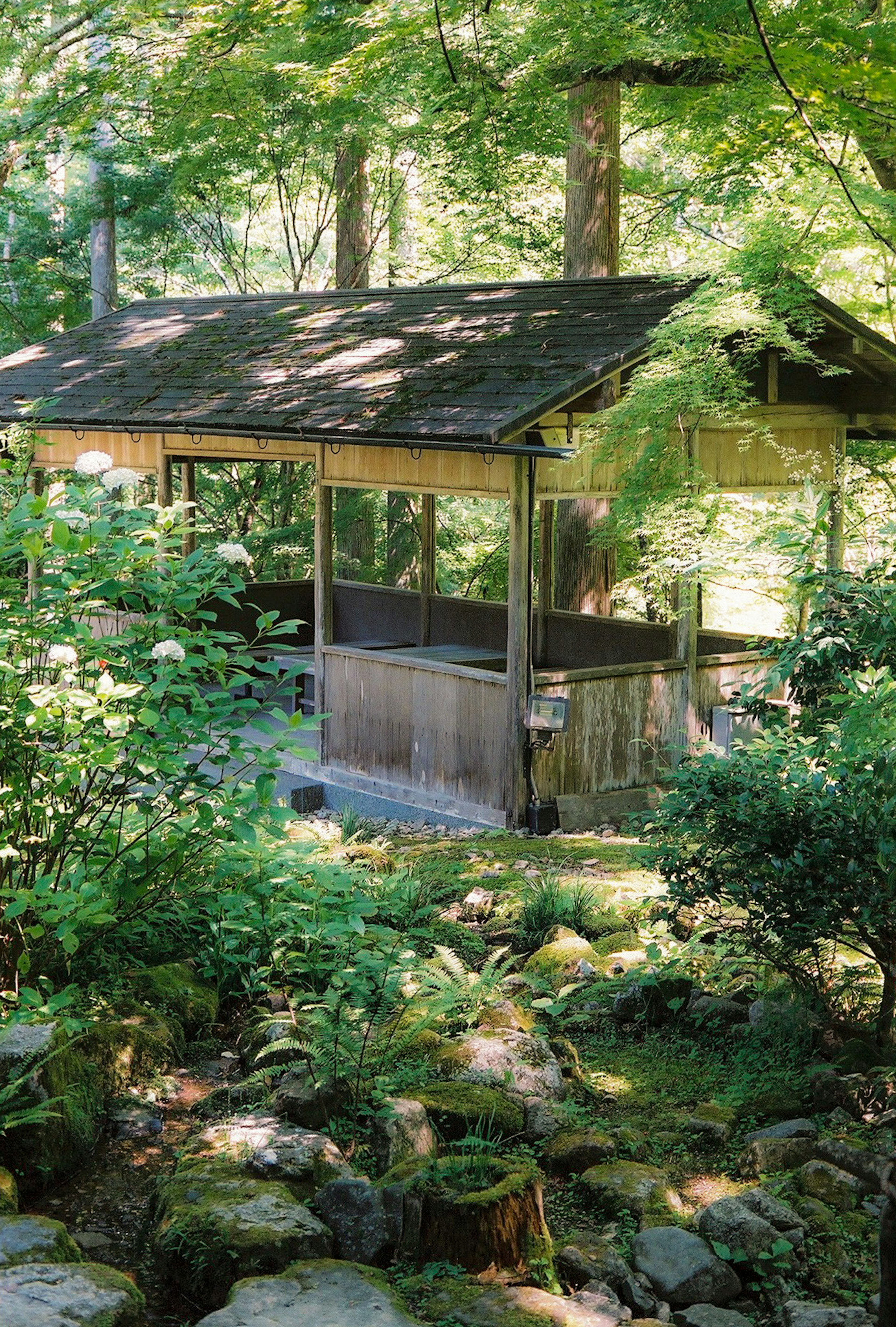 Un paesaggio sereno con un gazebo in legno circondato da verde lussureggiante