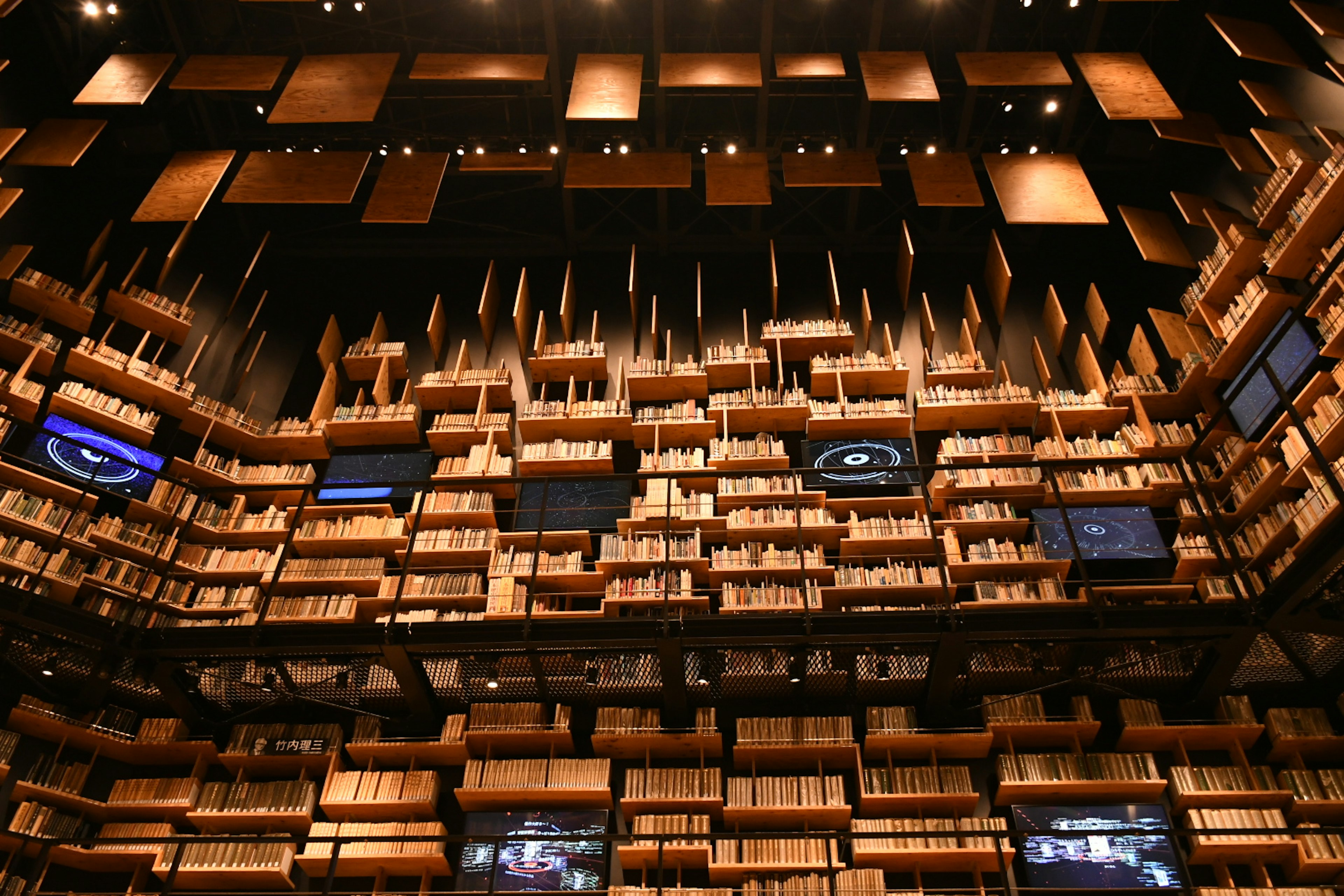 Interior de una biblioteca única con libros dispuestos en las paredes