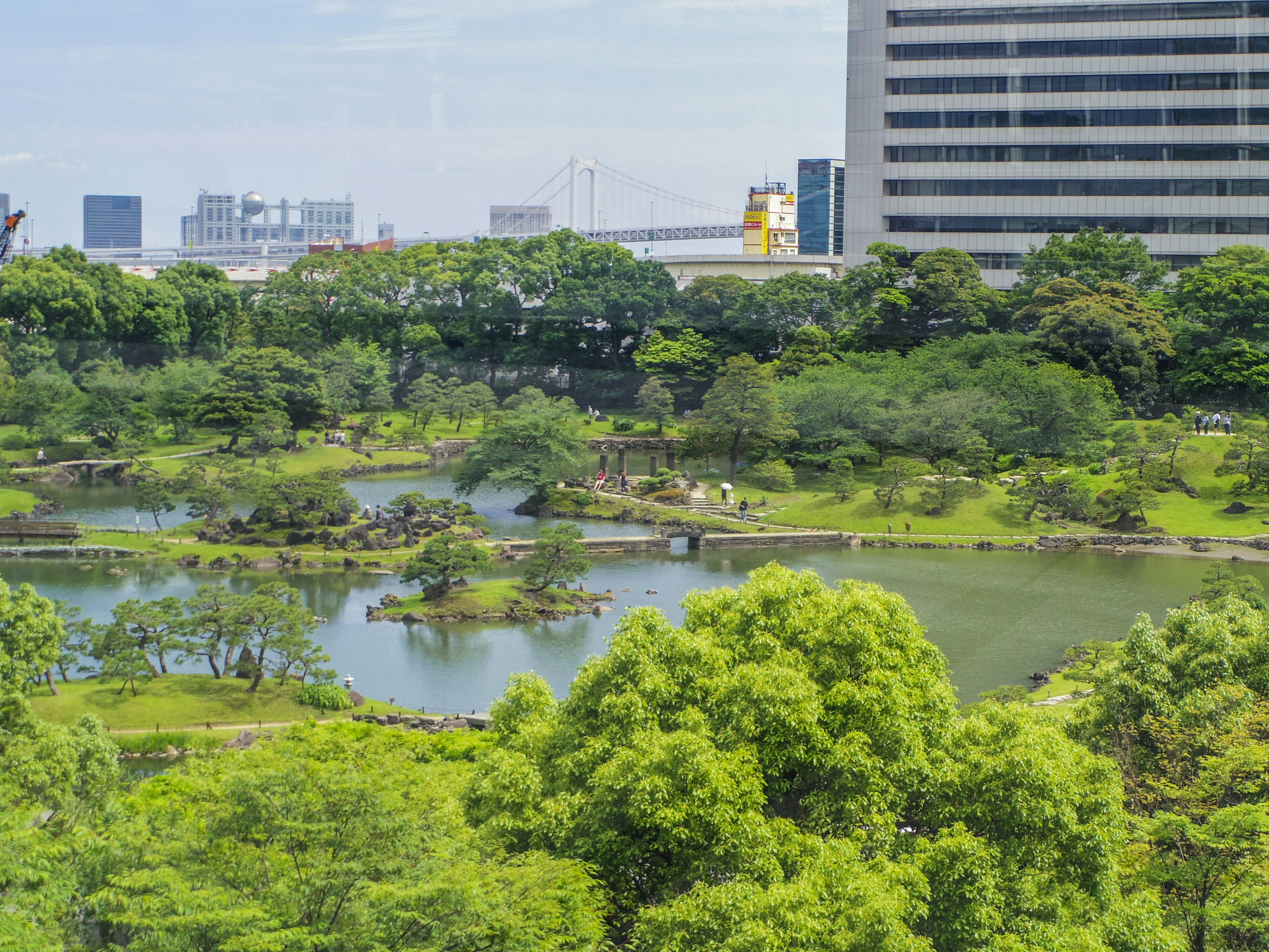 Üppiger Park mit Teichen und Hochhäusern im Hintergrund