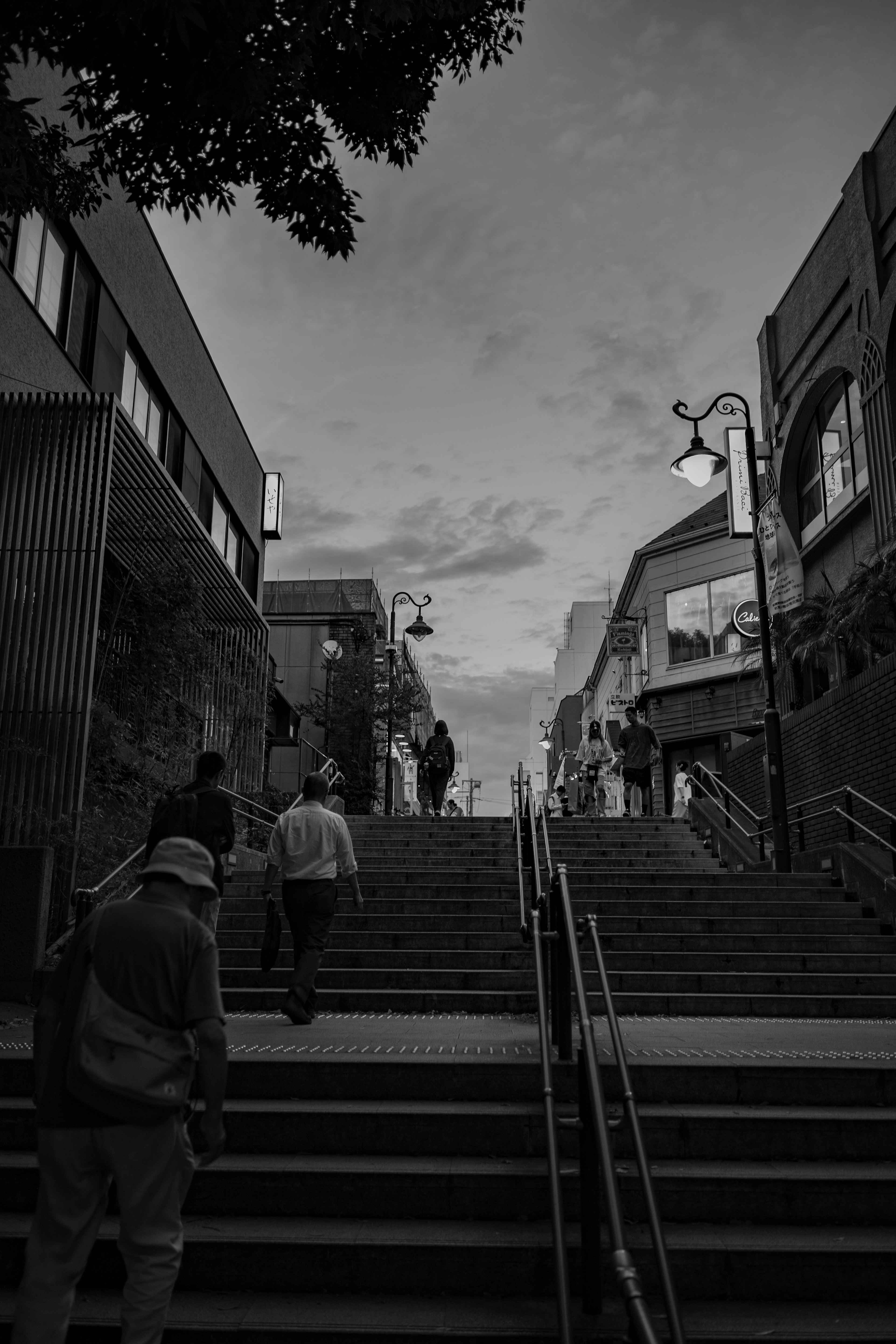 Black and white photo of people ascending stairs with urban buildings