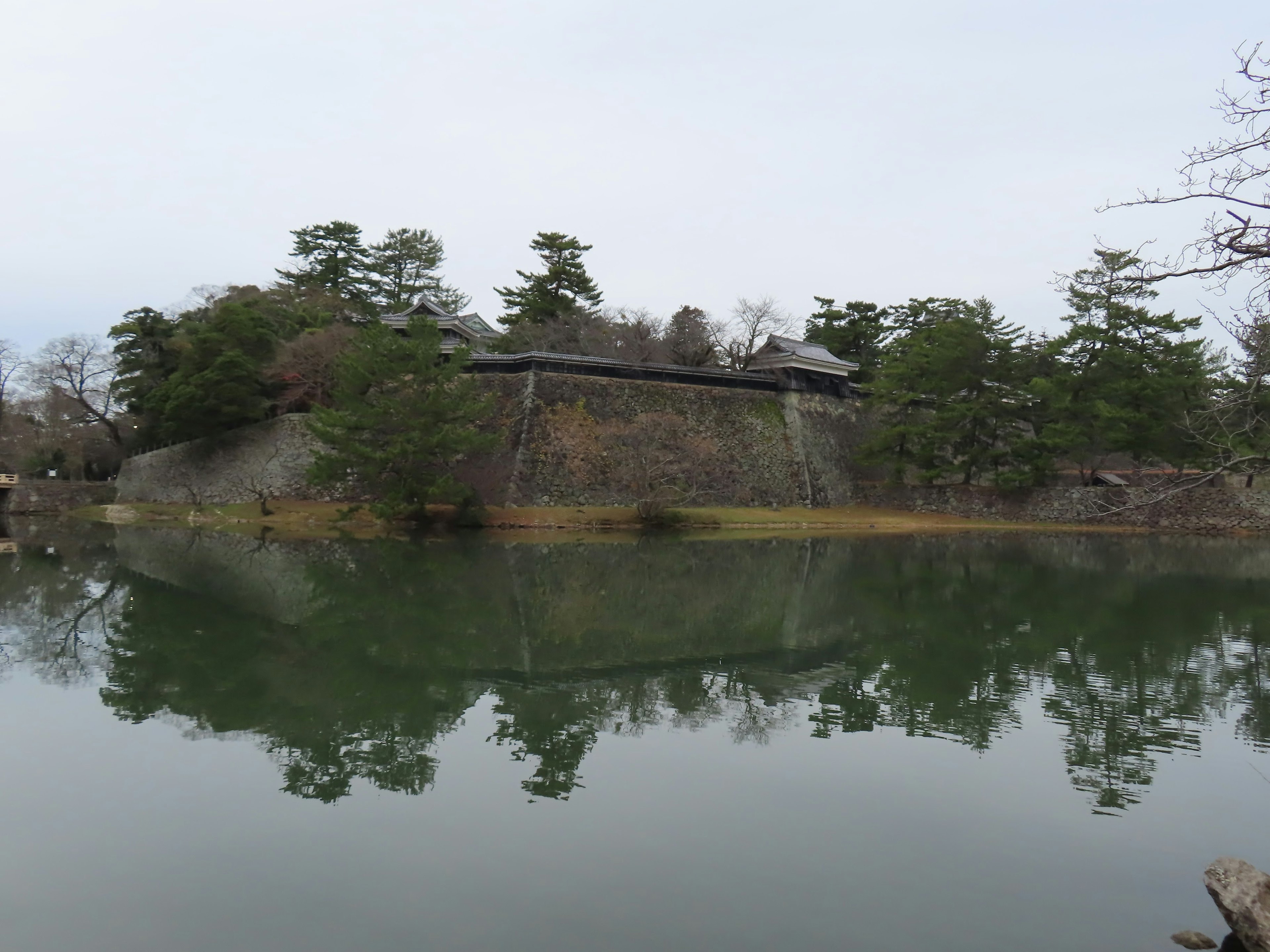 Alte Schlossmauern aus Stein an einem ruhigen Teich mit grünen Bäumen, die sich spiegeln