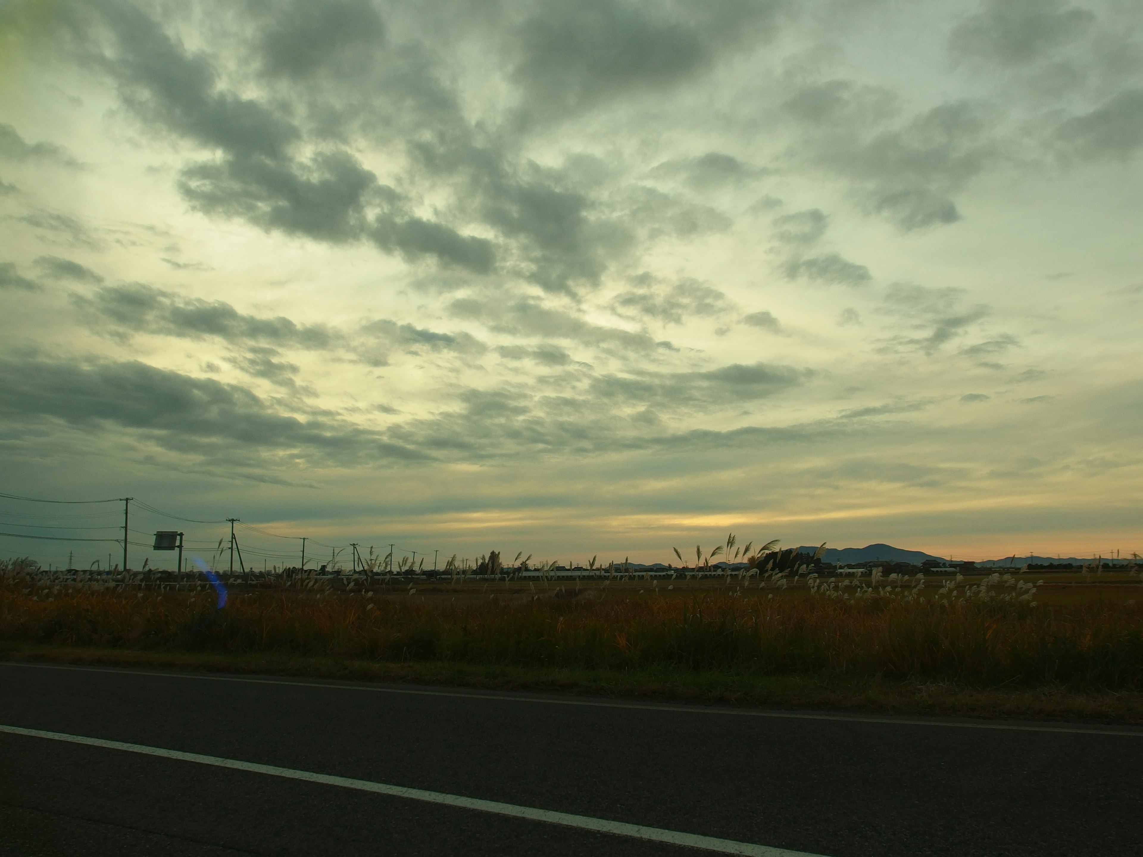 道路沿いの風景、曇り空と遠くの山々、草原が広がる