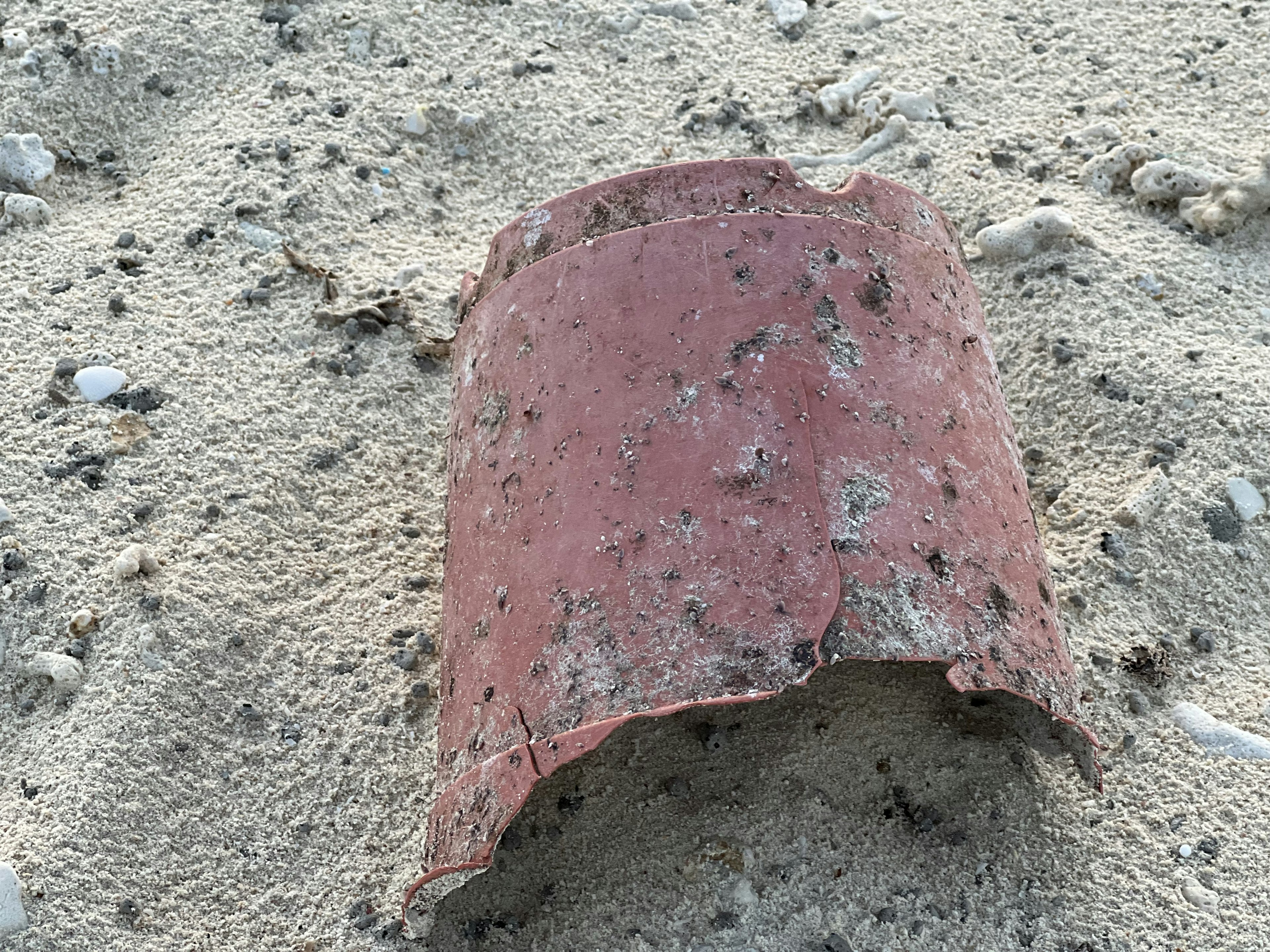 Potongan logam merah berkarat di pantai berpasir