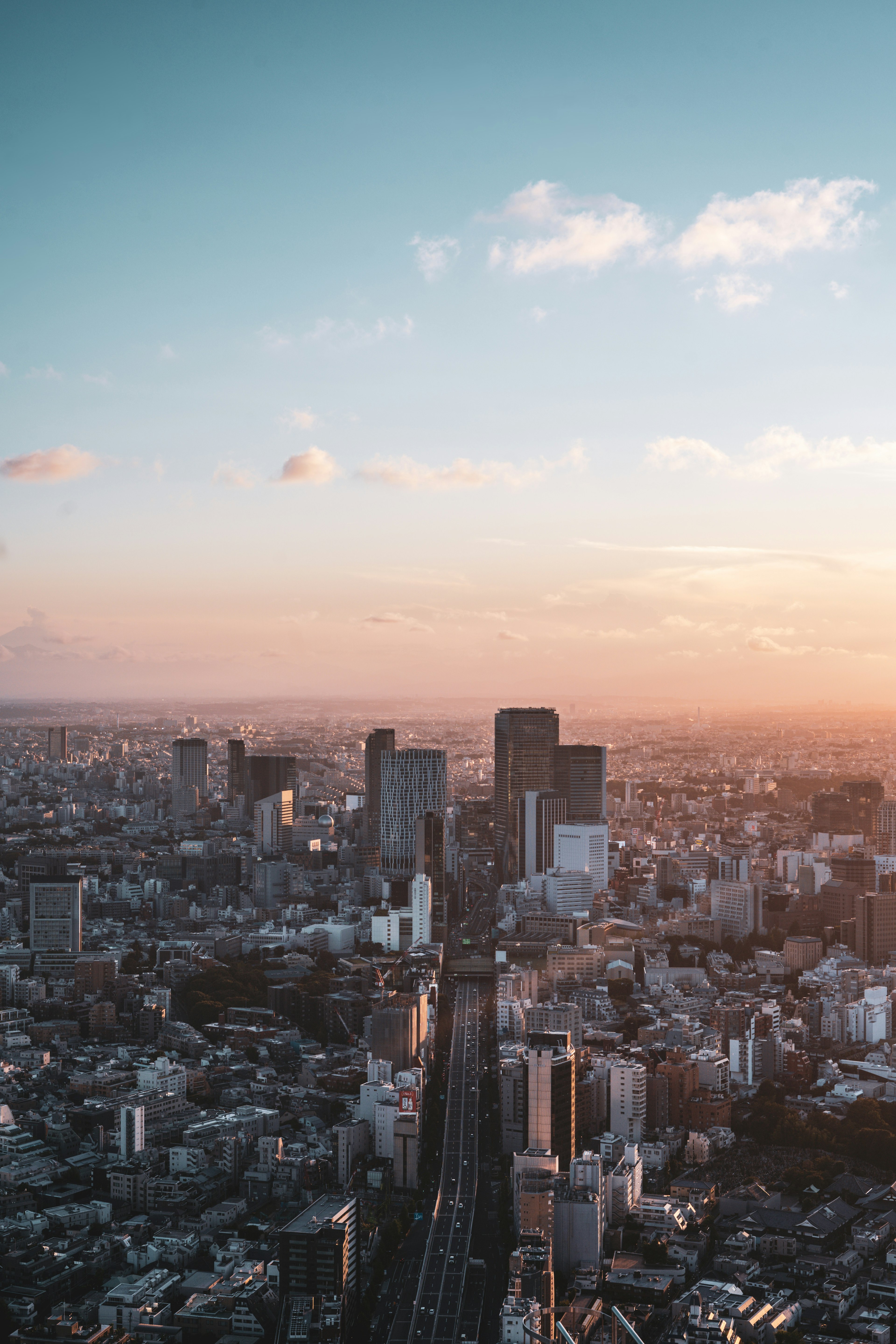 Vista aérea del horizonte de Tokio durante el atardecer