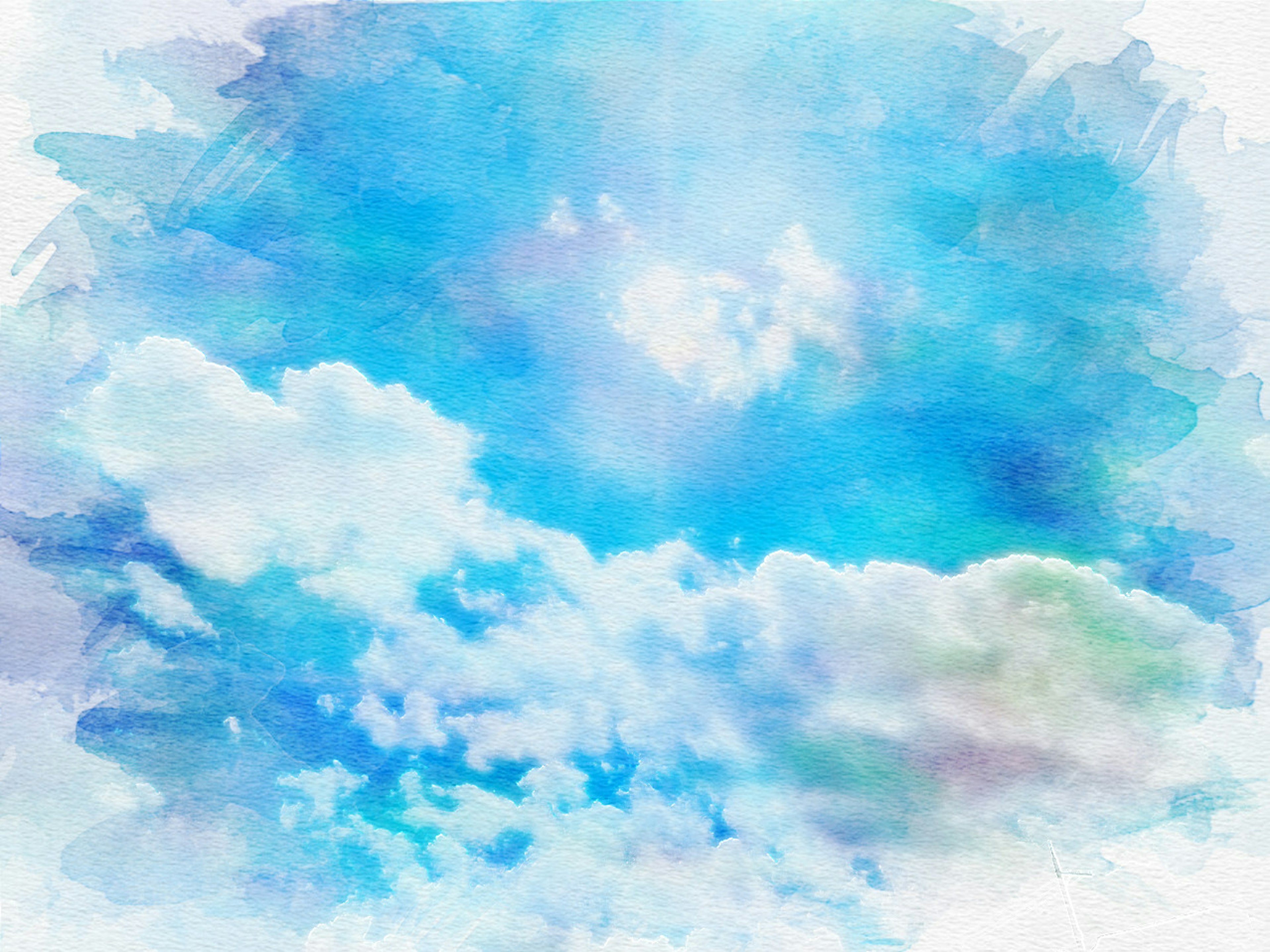 Watercolor painting of a blue sky with white clouds