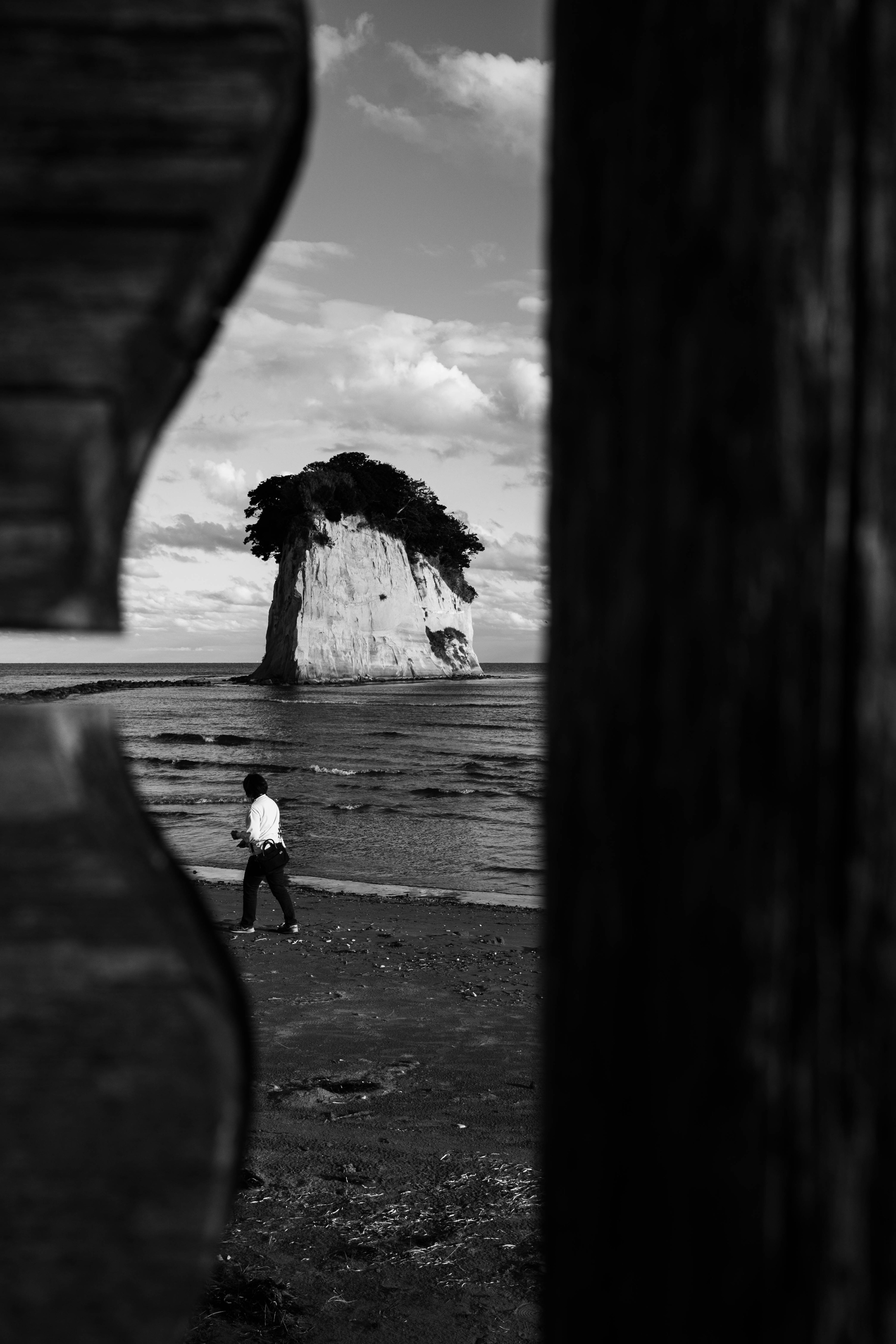 Schwarzweiß-Landschaftsfoto mit einer Person, die geht, und einer Felsformation mit Baum im Hintergrund