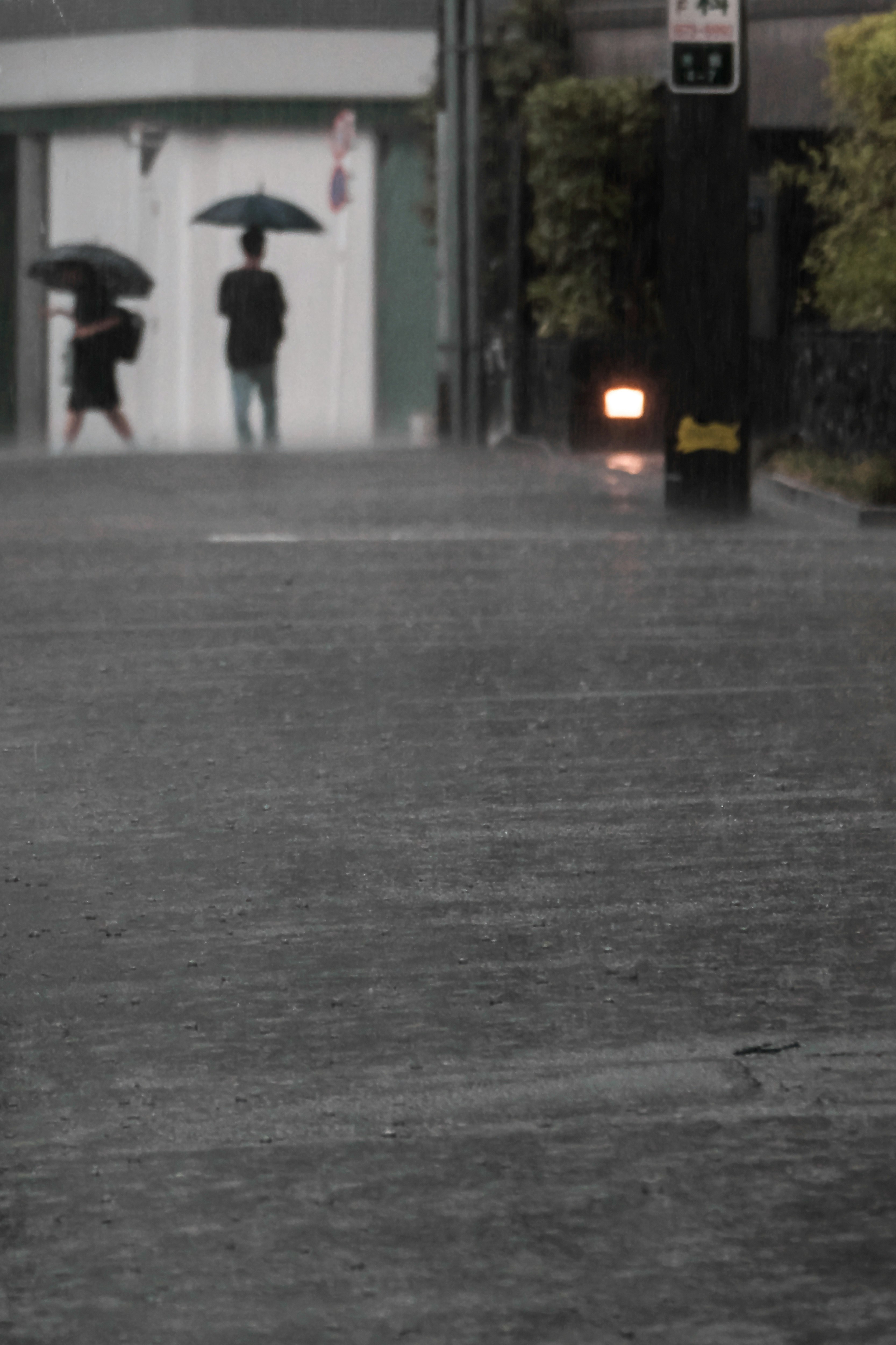 Silhouetten von zwei Personen mit Regenschirmen auf einer nassen Straße im Regen