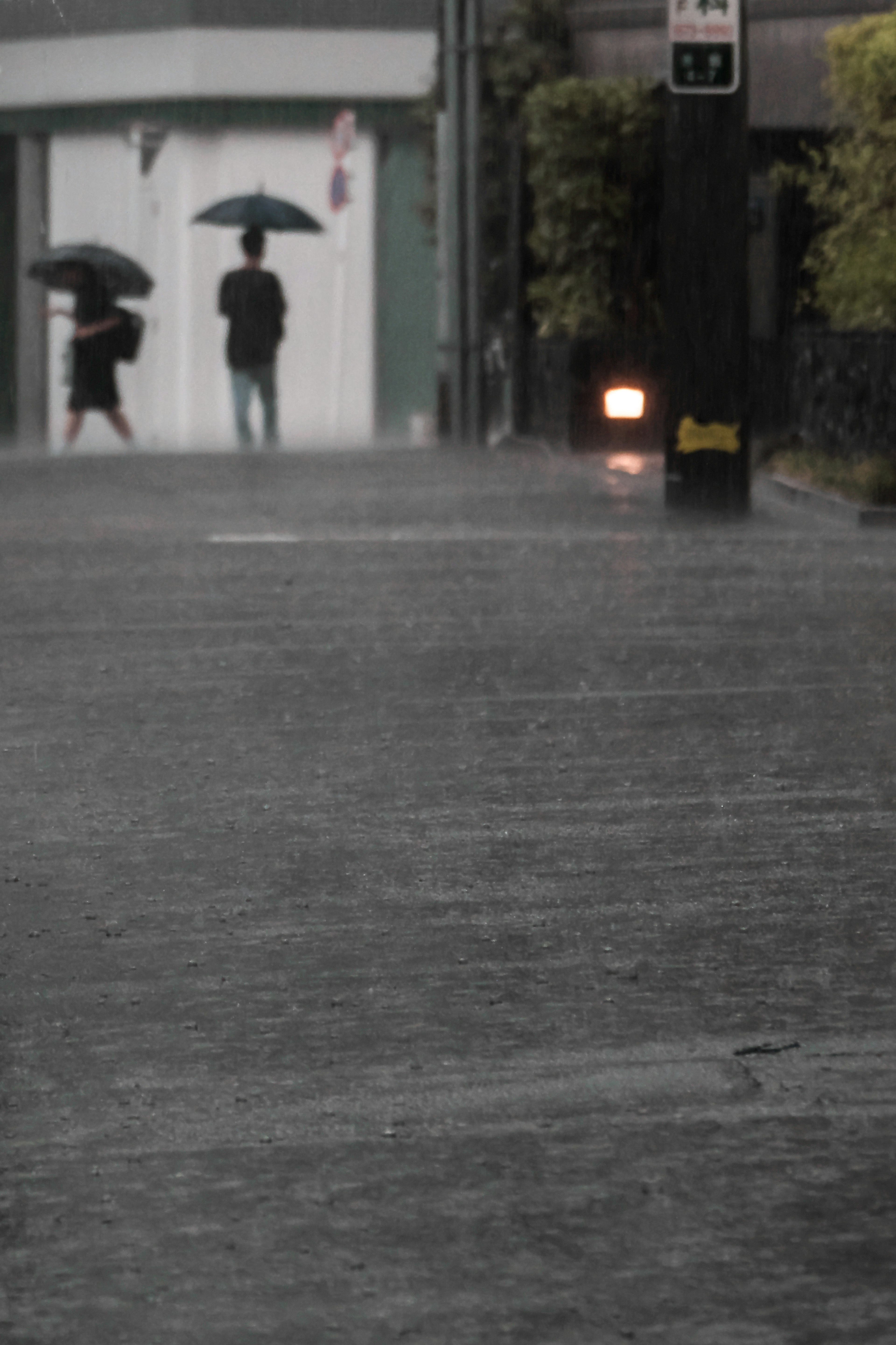 Silhouettes de deux personnes avec des parapluies sous la pluie sur une rue mouillée