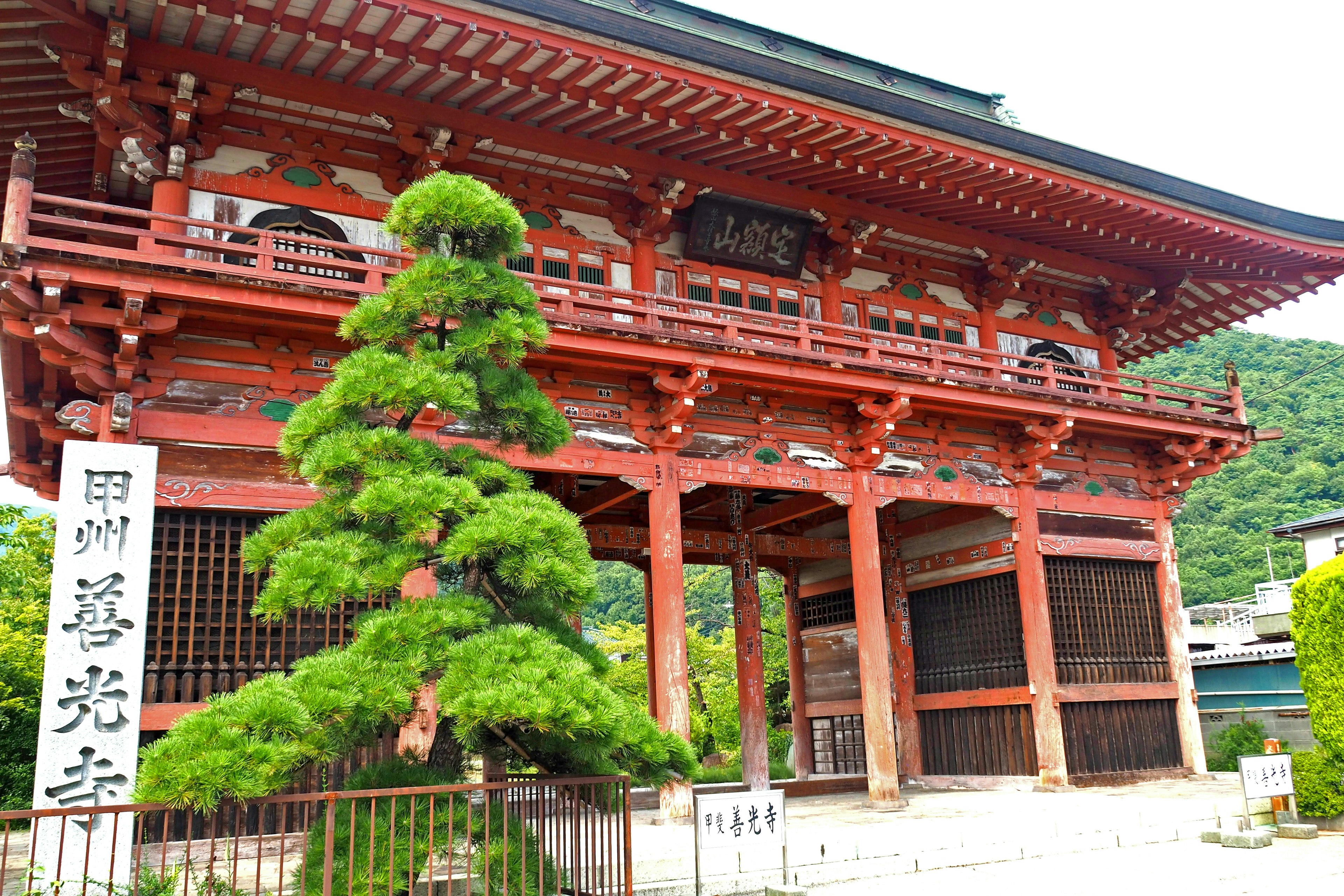 赤い木造の門と緑の松がある風景