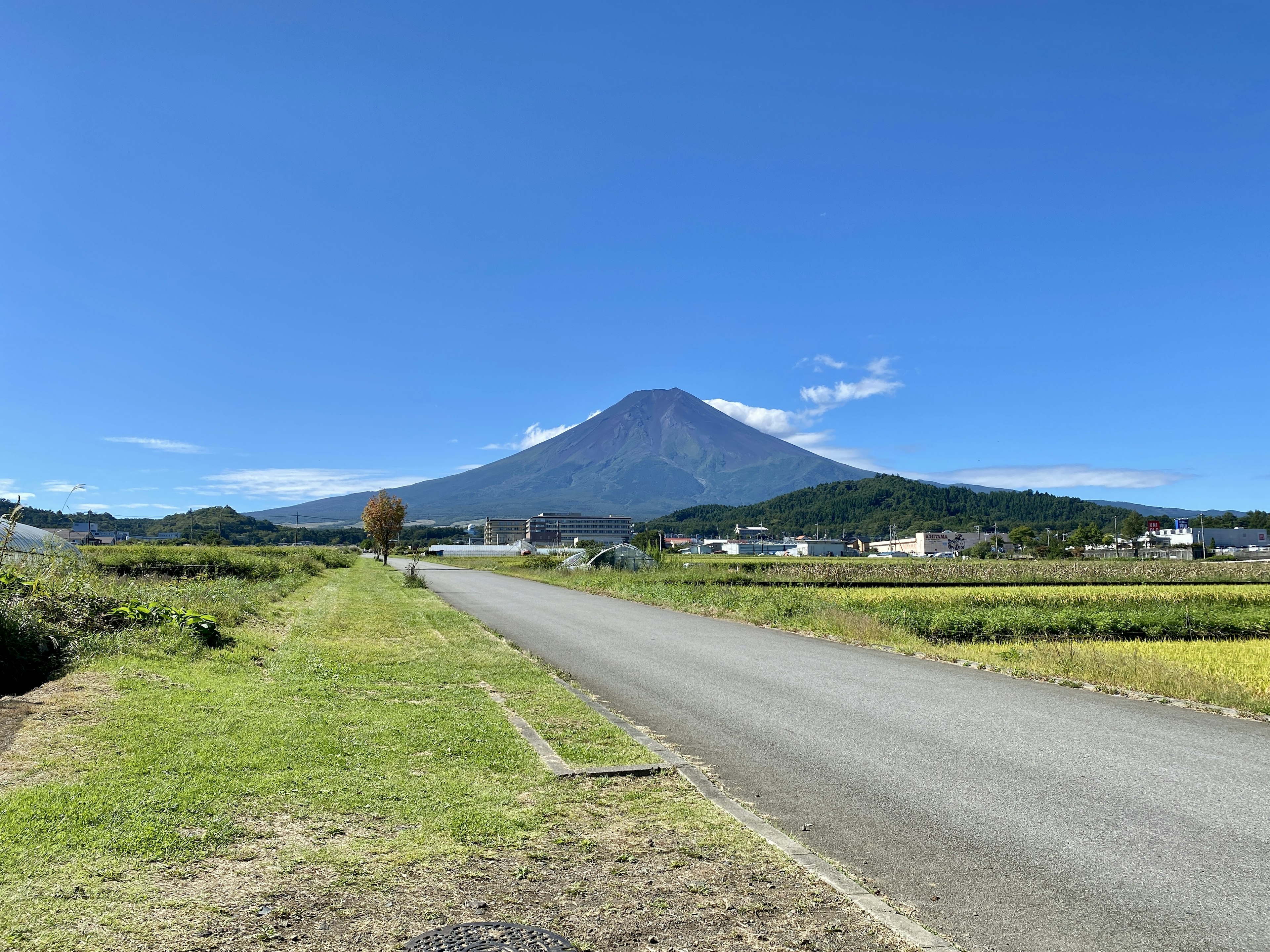 ภูเขาฟูจิที่สูงตระหง่านใต้ท้องฟ้าสีฟ้ากับภูมิทัศน์ชนบทโดยรอบ