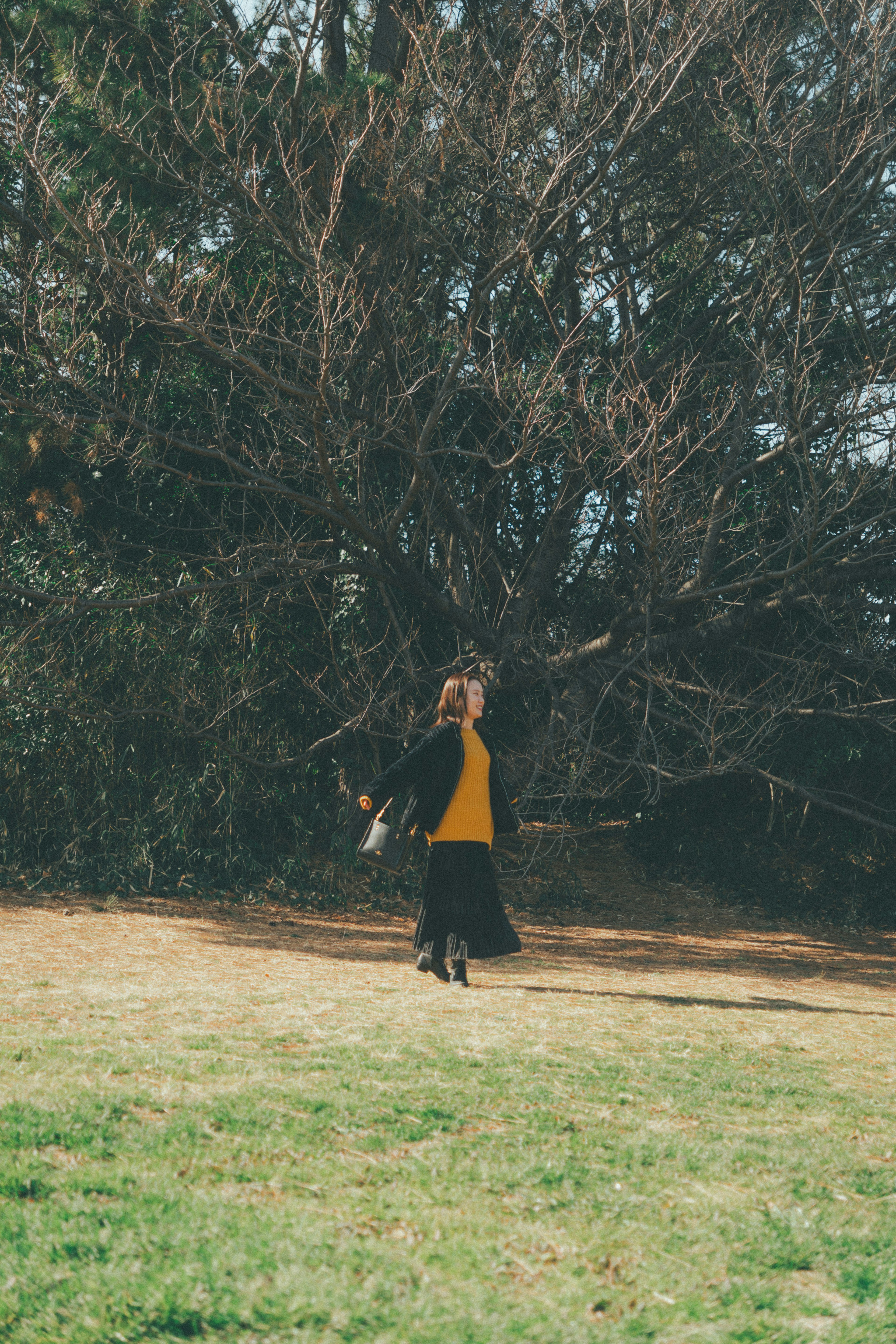 A woman wearing a yellow top and black skirt in a grassy area