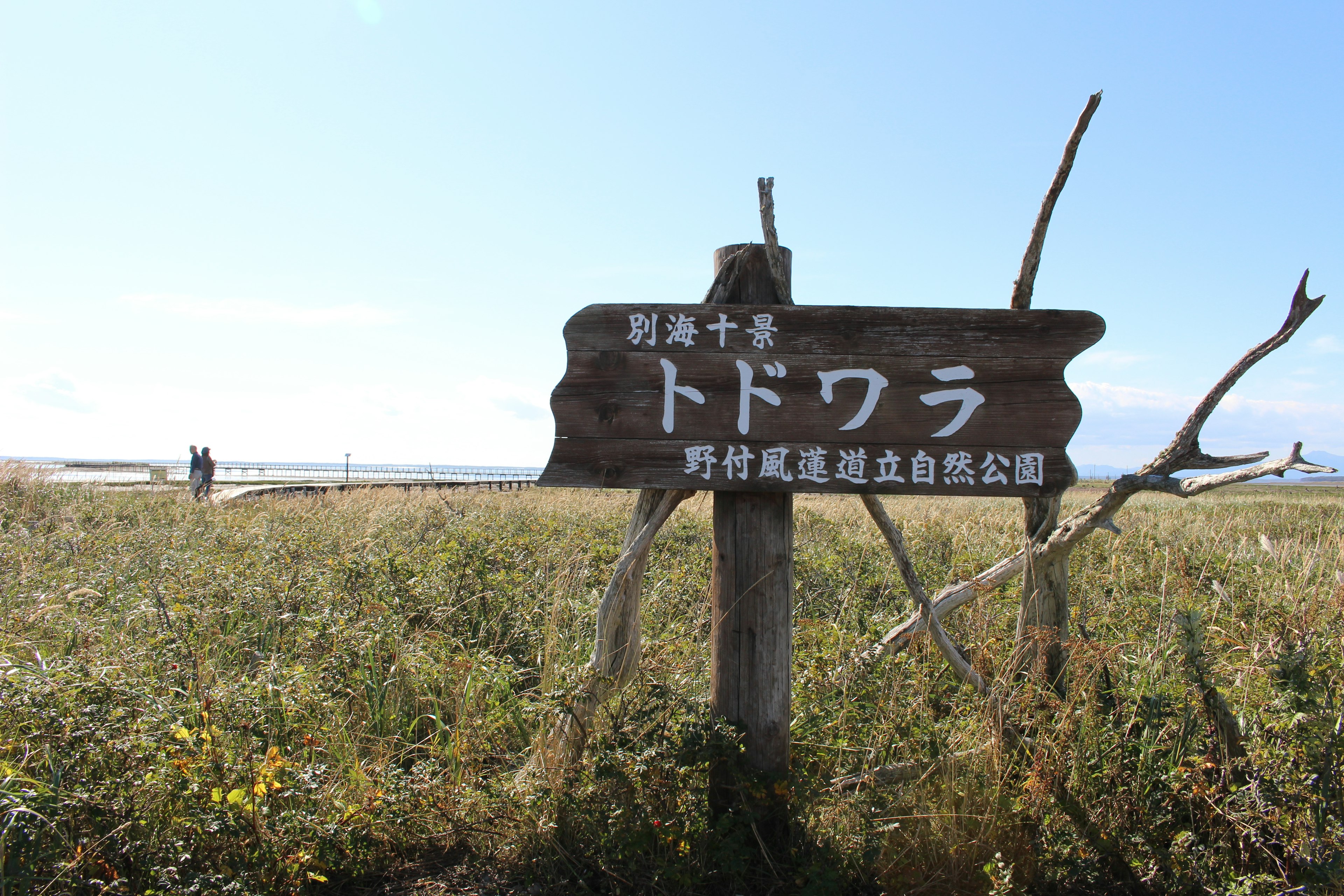 A sign for Todowara in a landscape with blue sky and grassy field