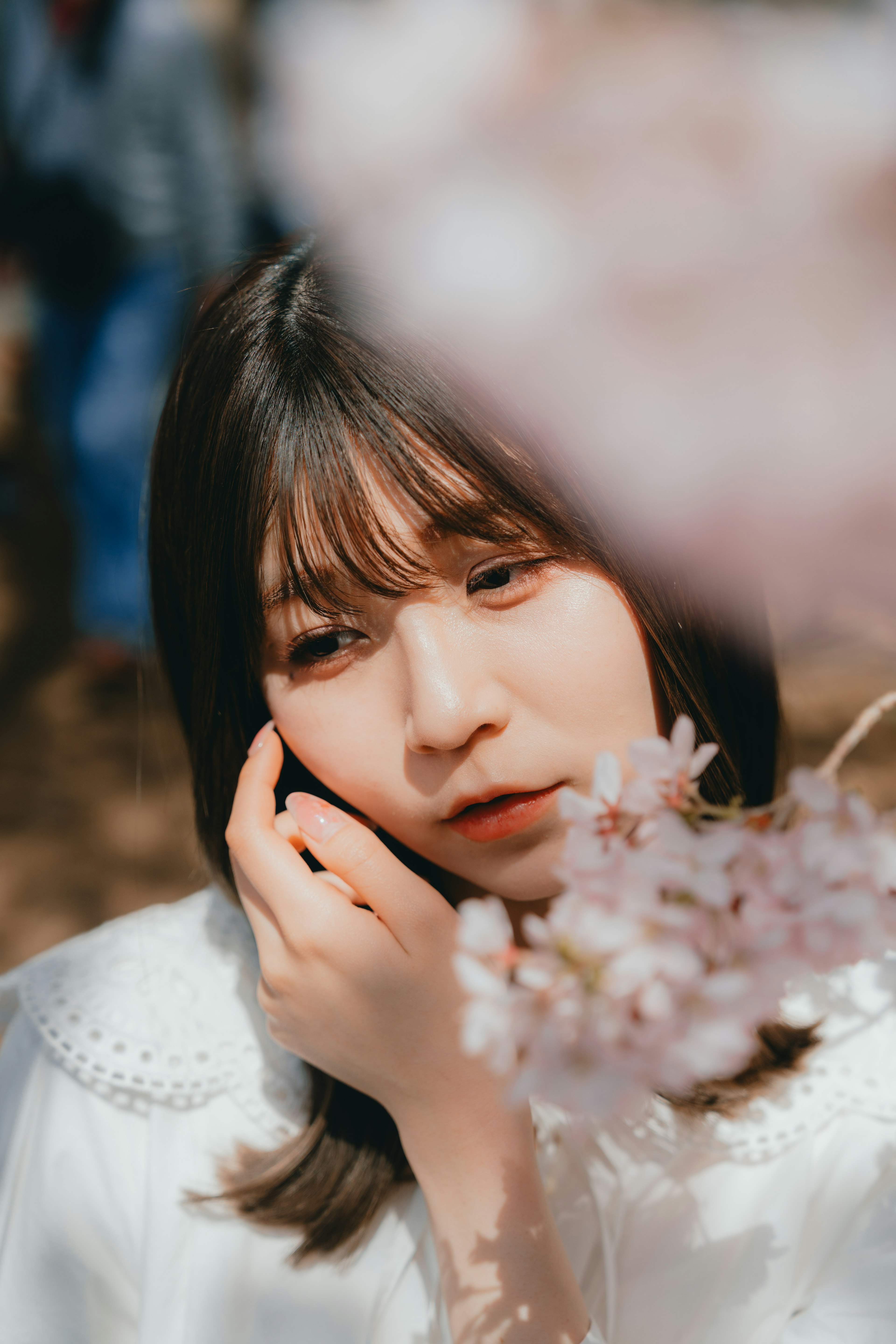 Portrait d'une femme devant des cerisiers en fleurs Expression calme et lumière douce