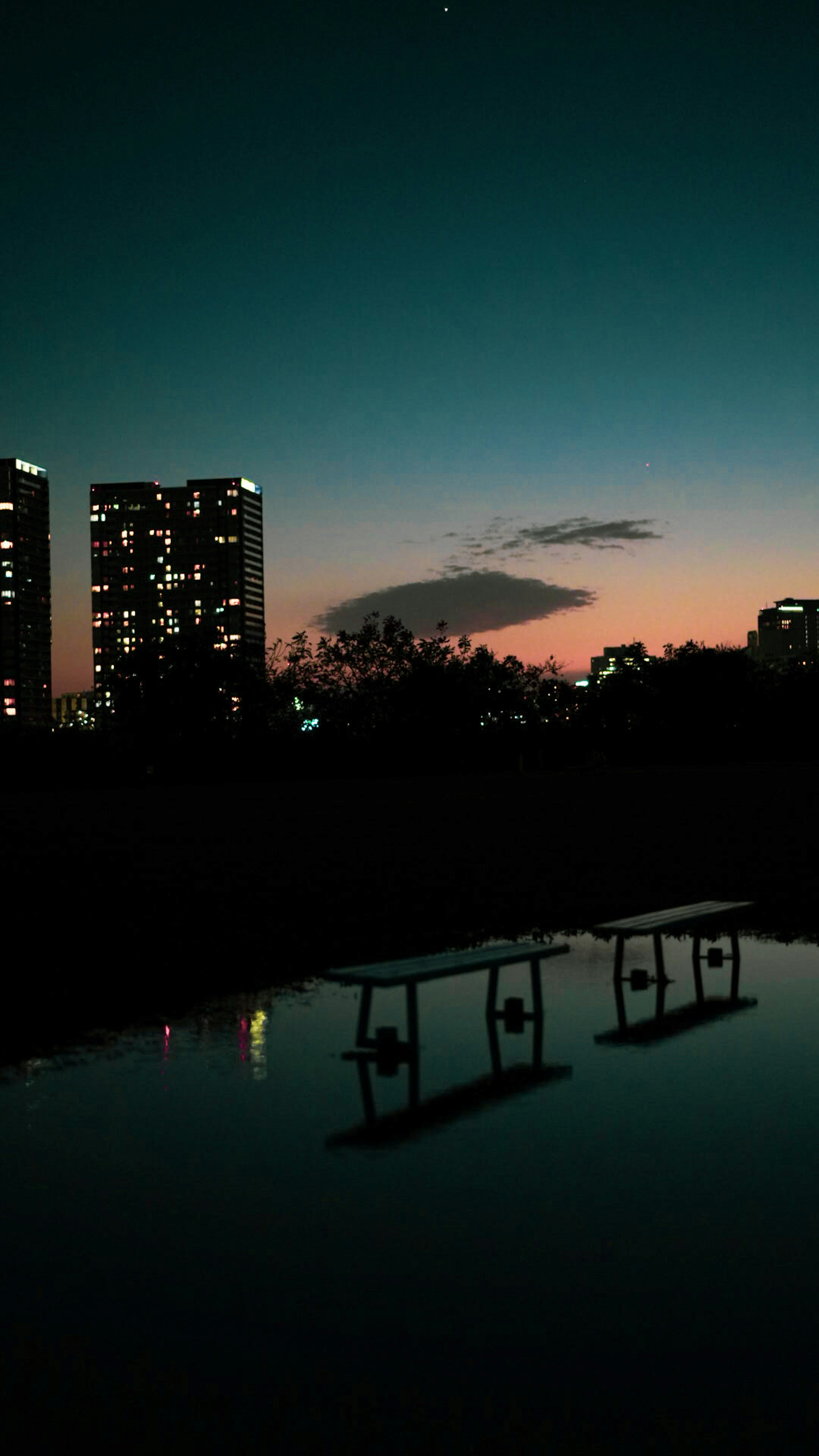 夜晚城市建築的輪廓和水中倒影的橋