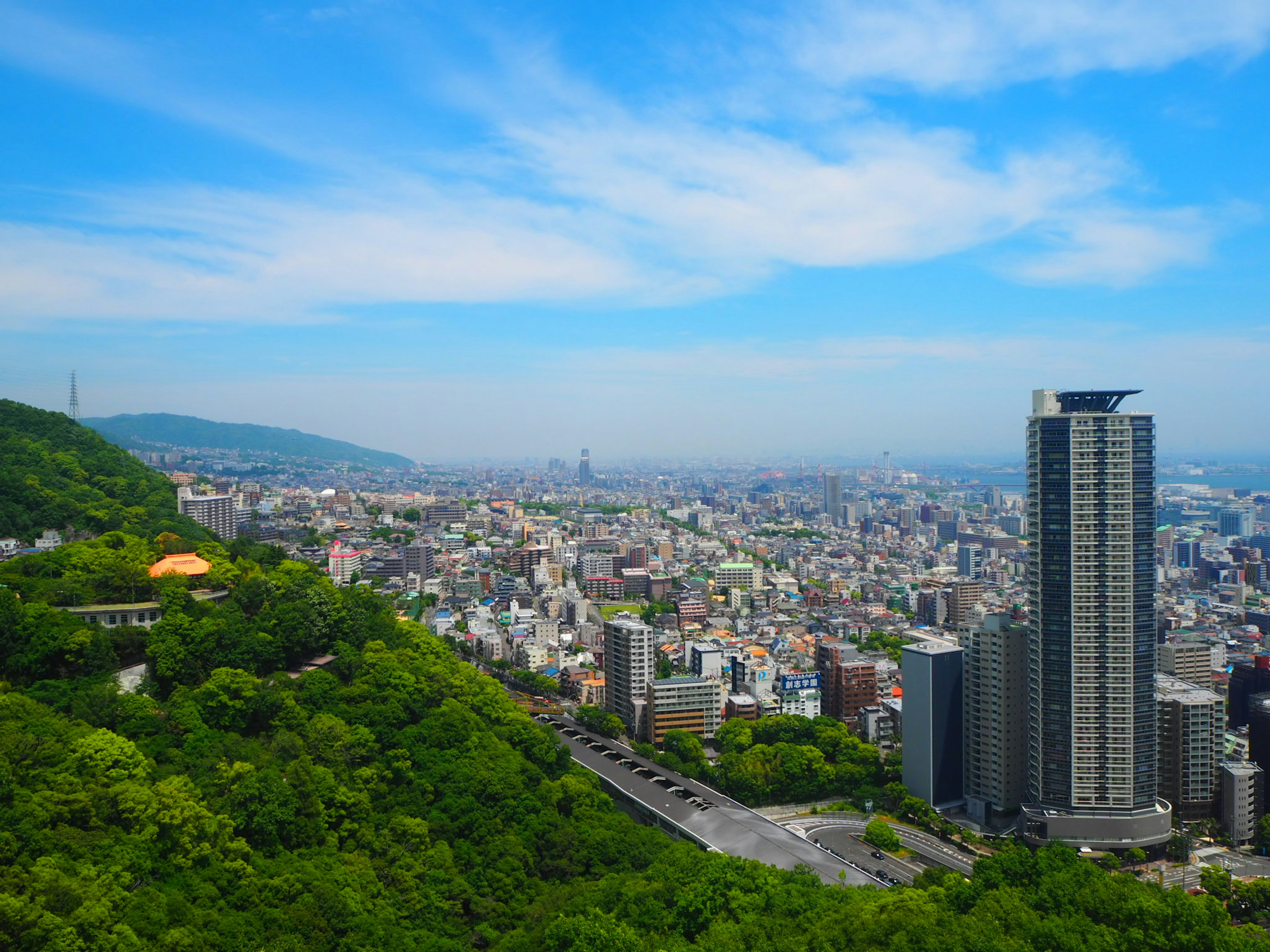 Panoramablick auf eine Stadt von einem grünen Hügel mit Wolkenkratzern und blauem Himmel