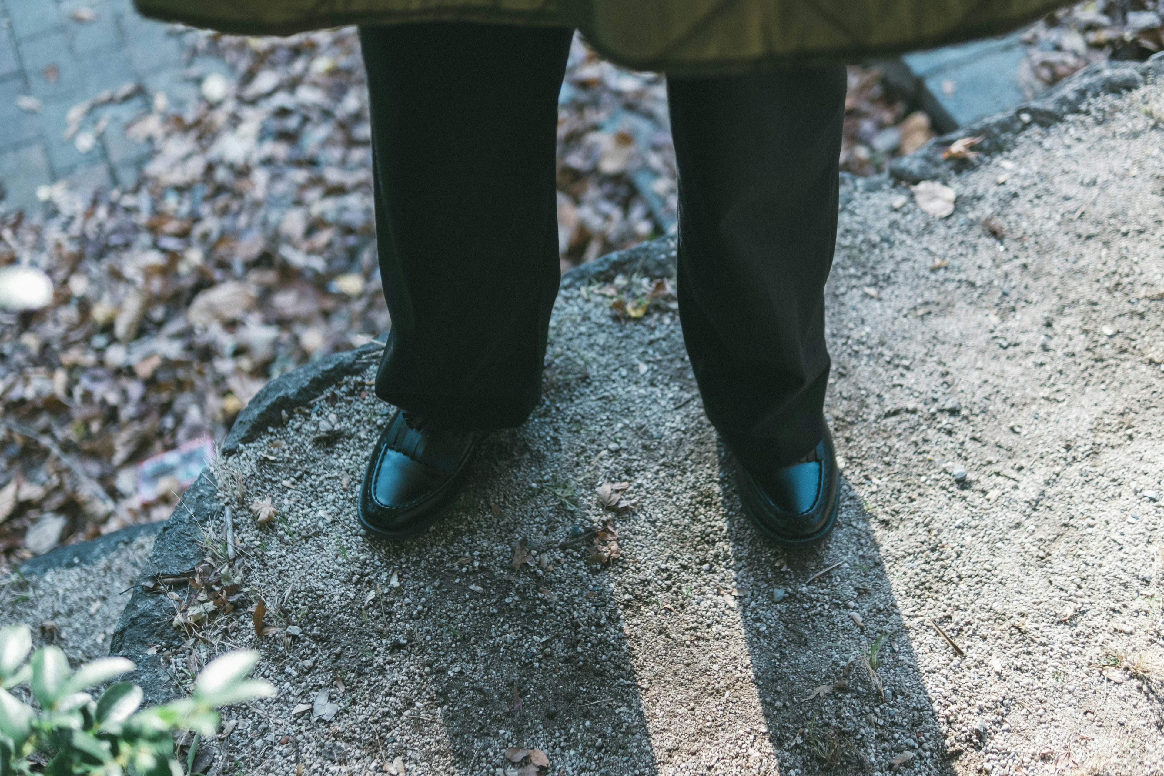 Black shoes on a textured surface with fallen leaves