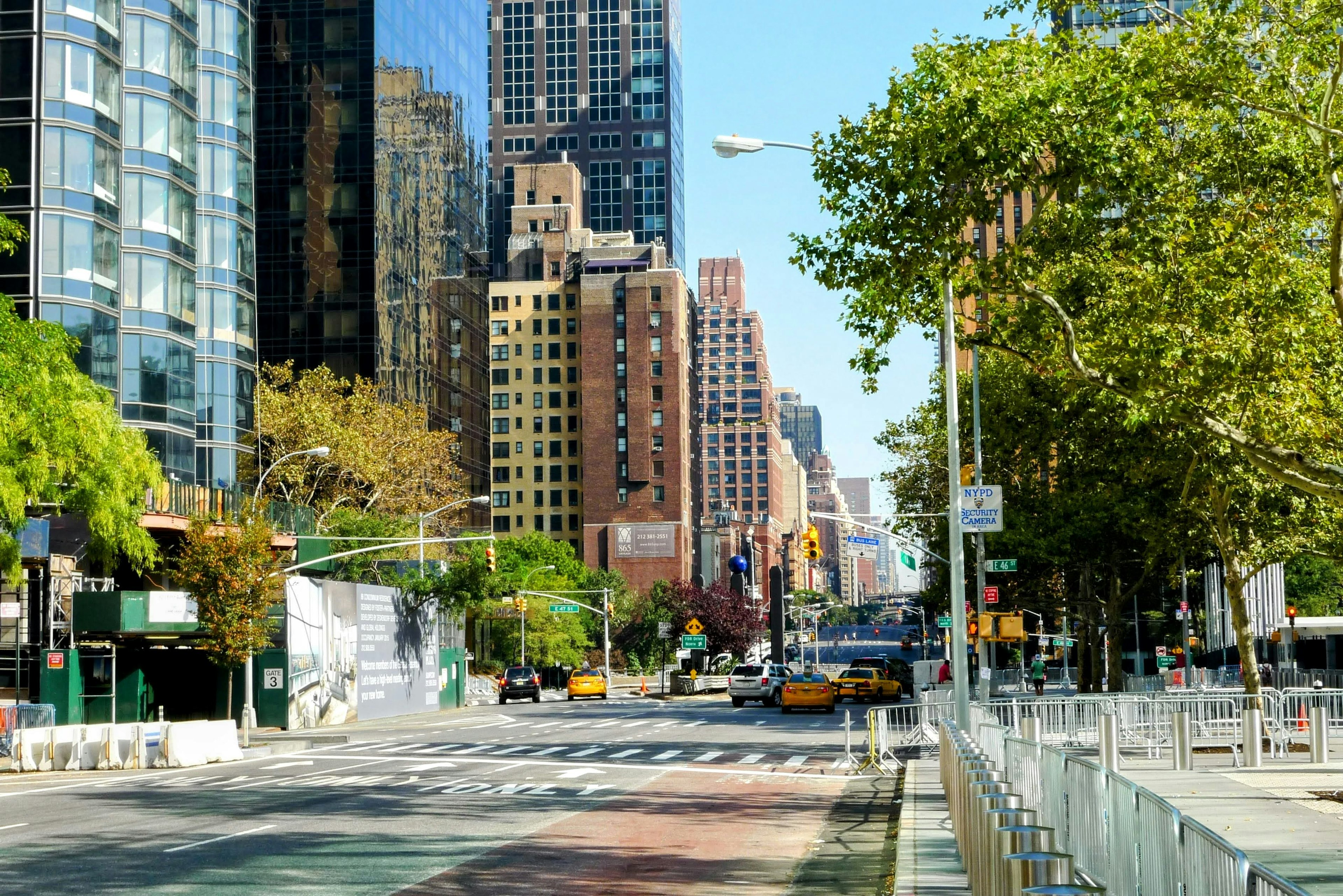 Urban street view with tall buildings and trees