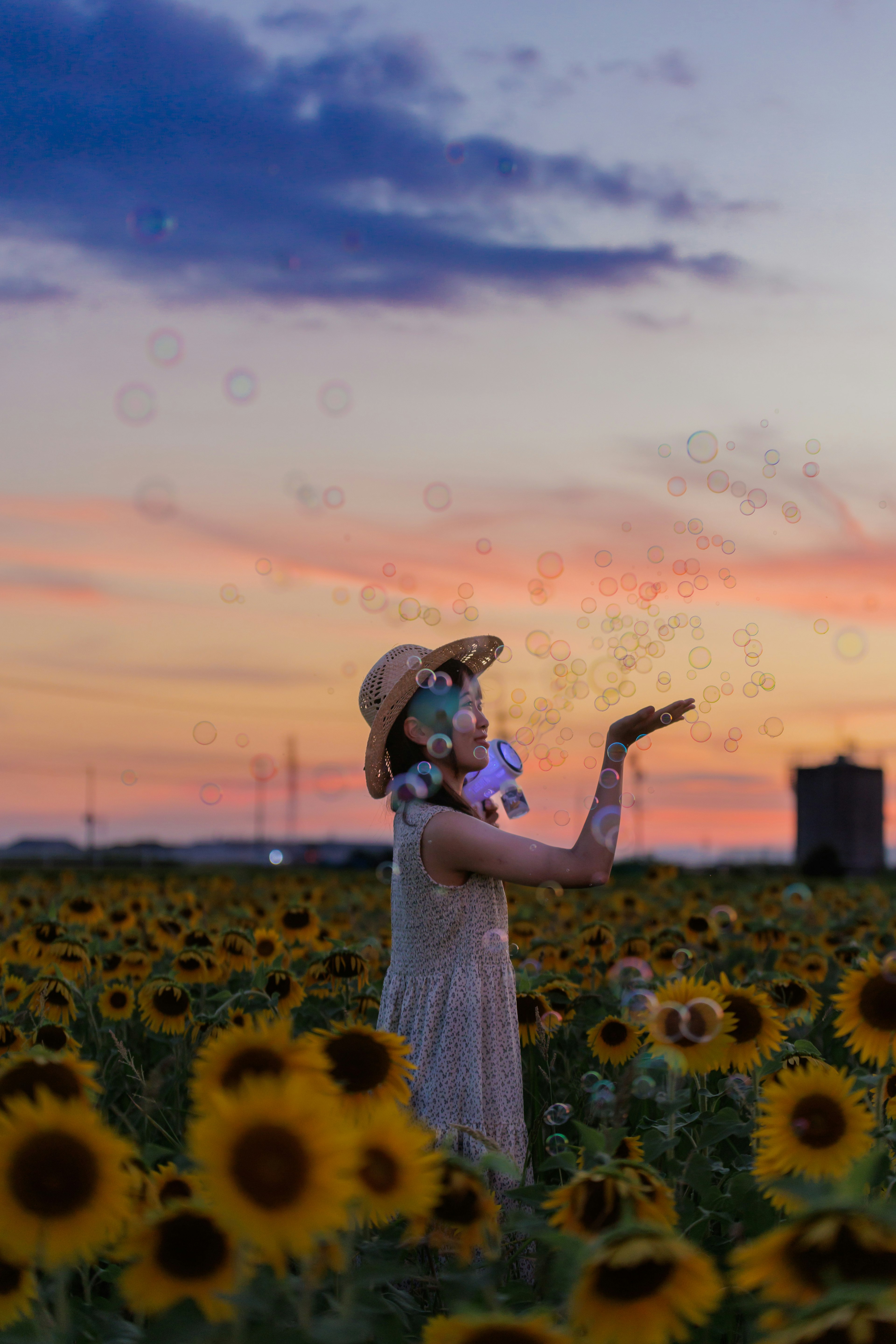 Una donna in un campo di girasoli che allunga le mani contro un tramonto