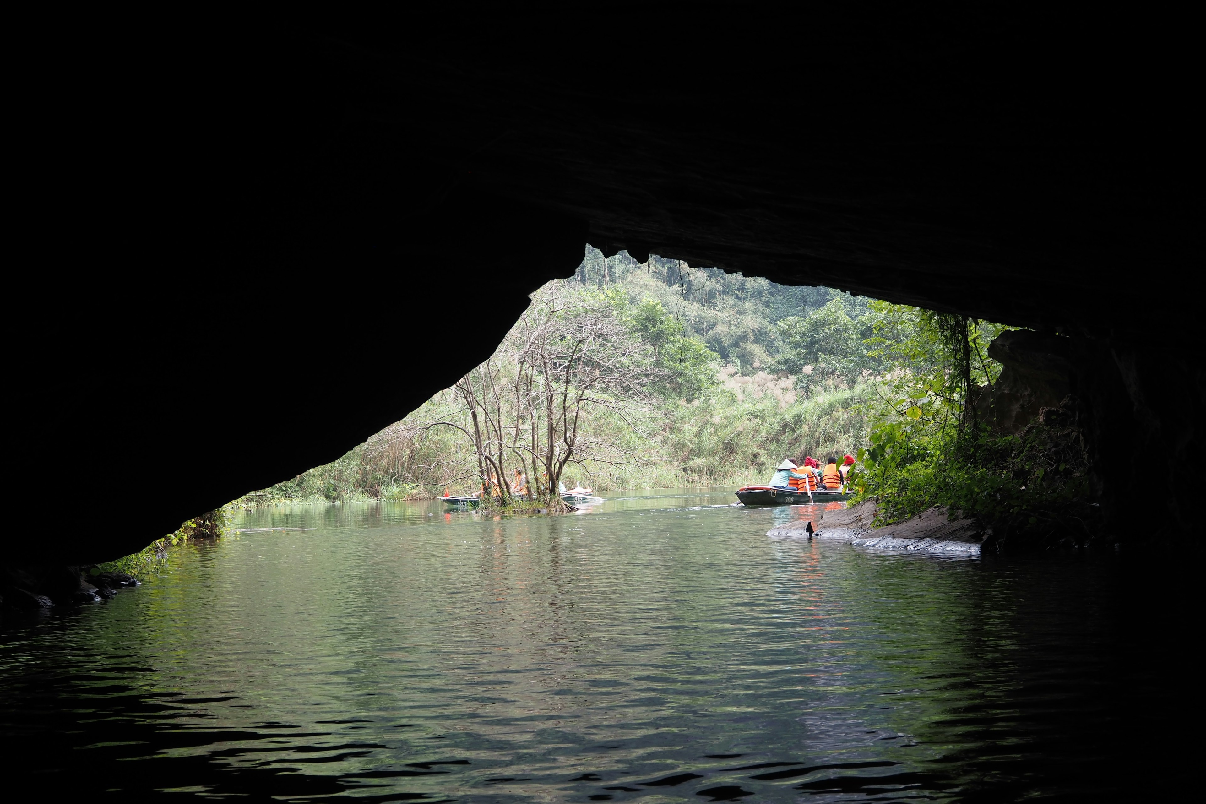 Vista desde una cueva mostrando agua tranquila y vegetación exuberante