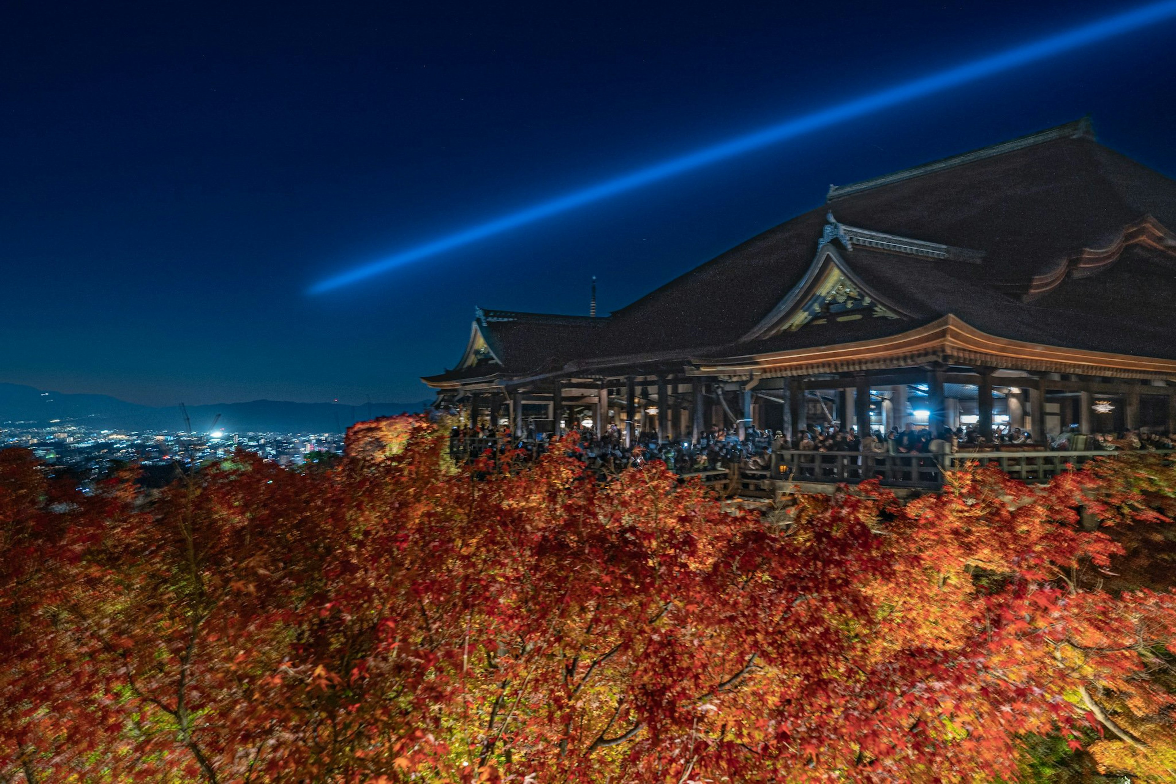 夜空に映える紅葉と伝統的な建物の美しい景色