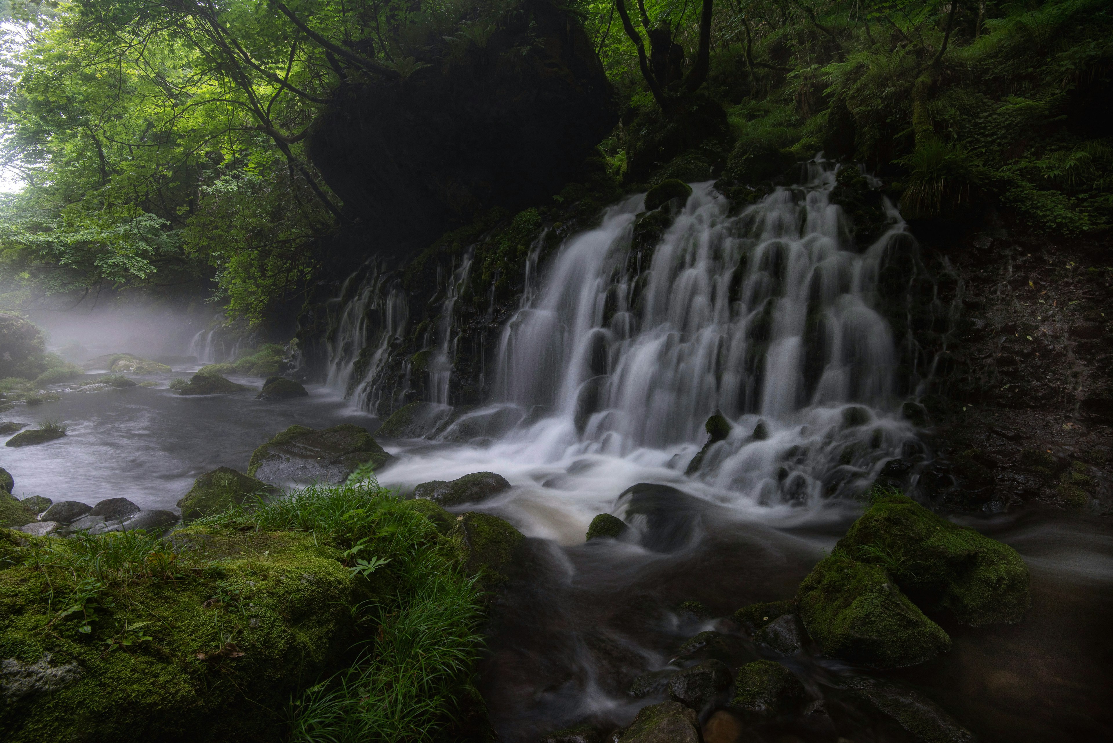 緑に囲まれた静かな滝の風景 水の流れと霧が美しい