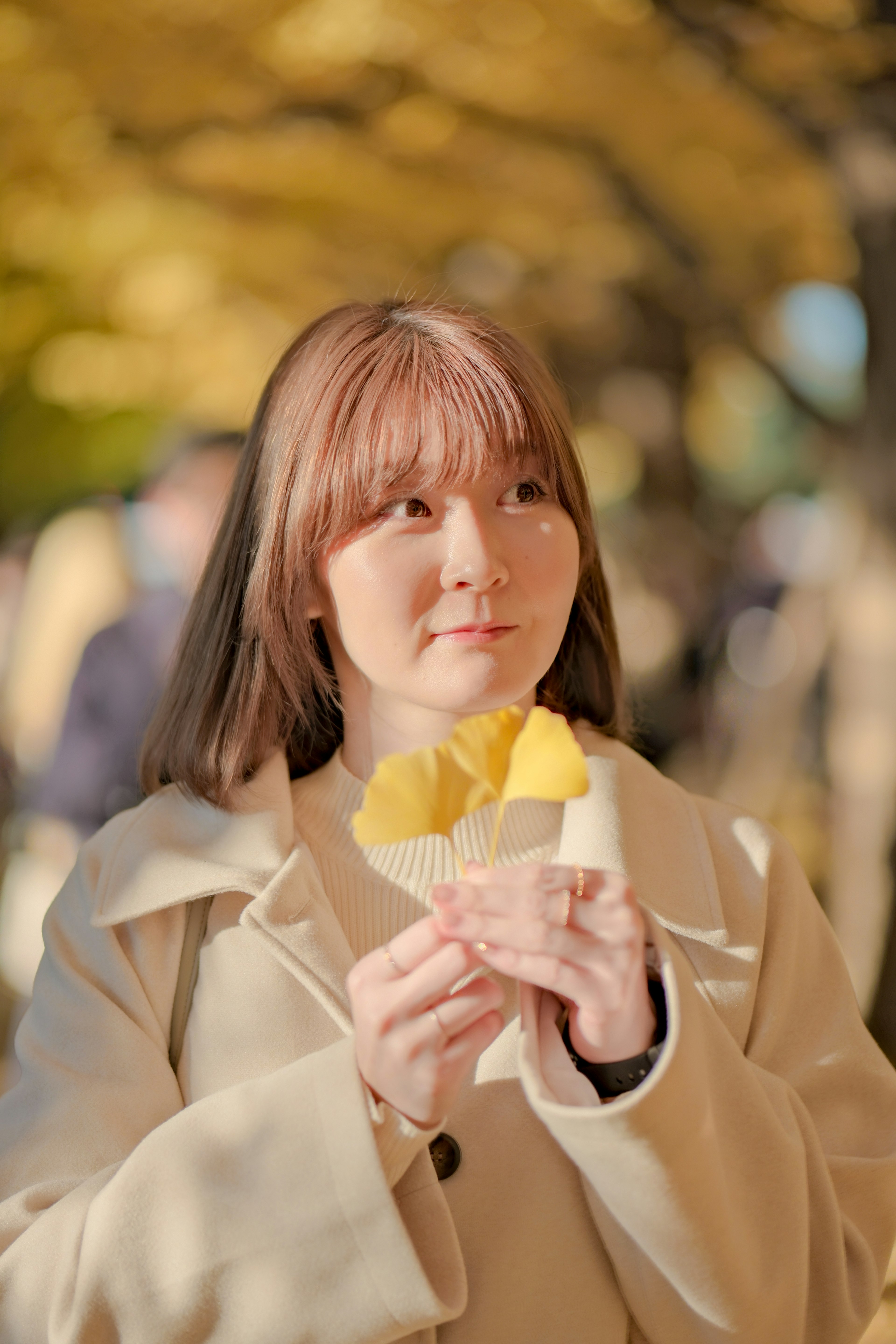 秋の木々の下で黄色い葉を持つ女性