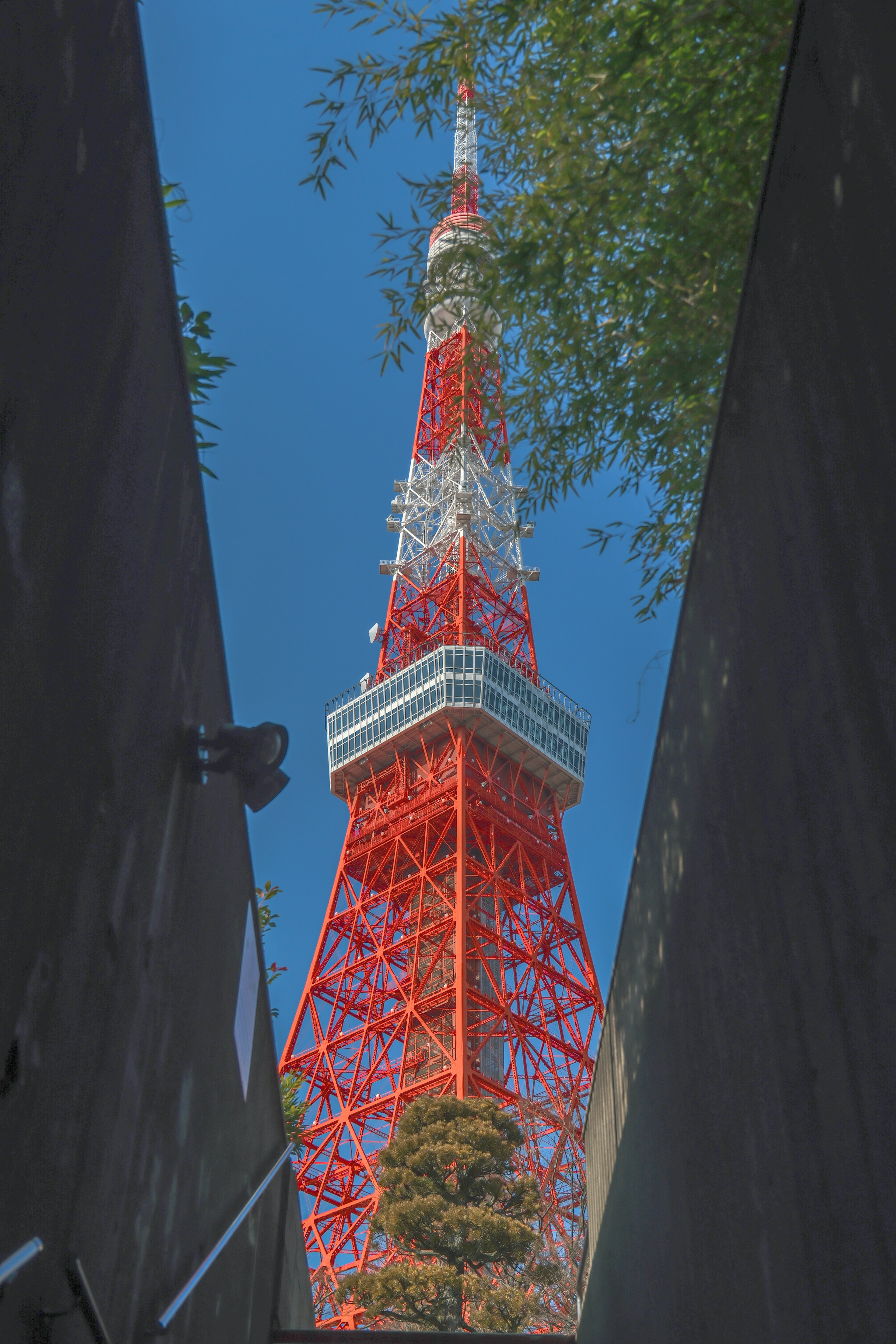 Menara Tokyo merah dan putih berdiri di bawah langit biru yang cerah