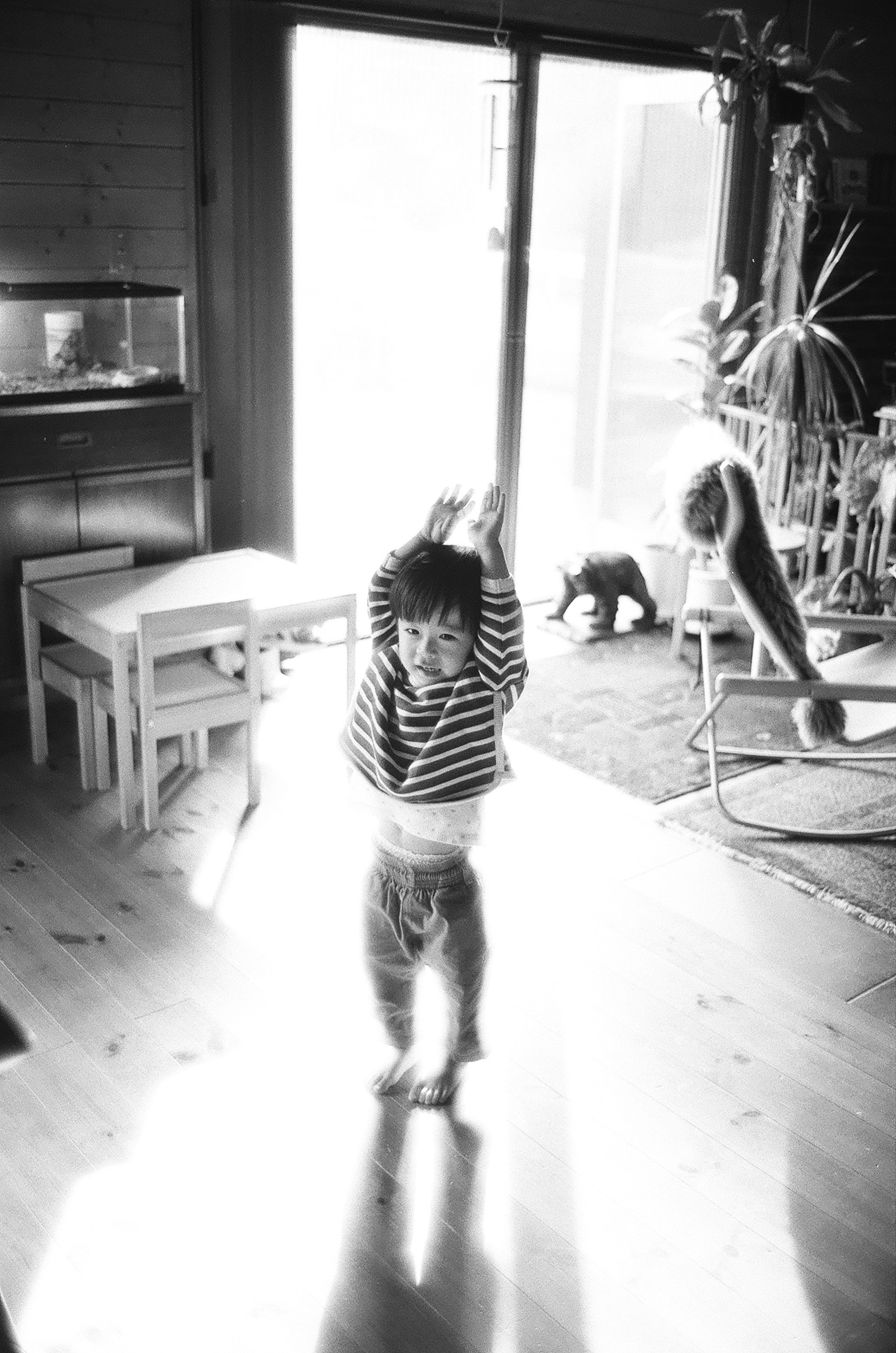 Black and white photo of a child playing in a room The child is wearing a striped shirt Tables and chairs are visible in the background