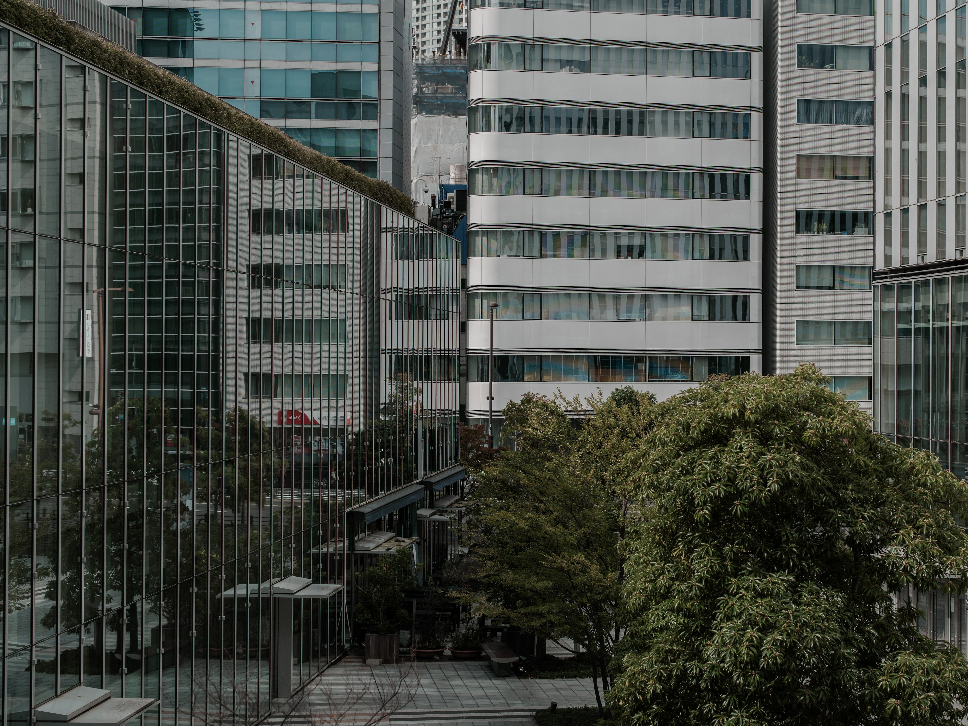 Paisaje urbano con edificios altos y árboles verdes trabajador operando una grúa