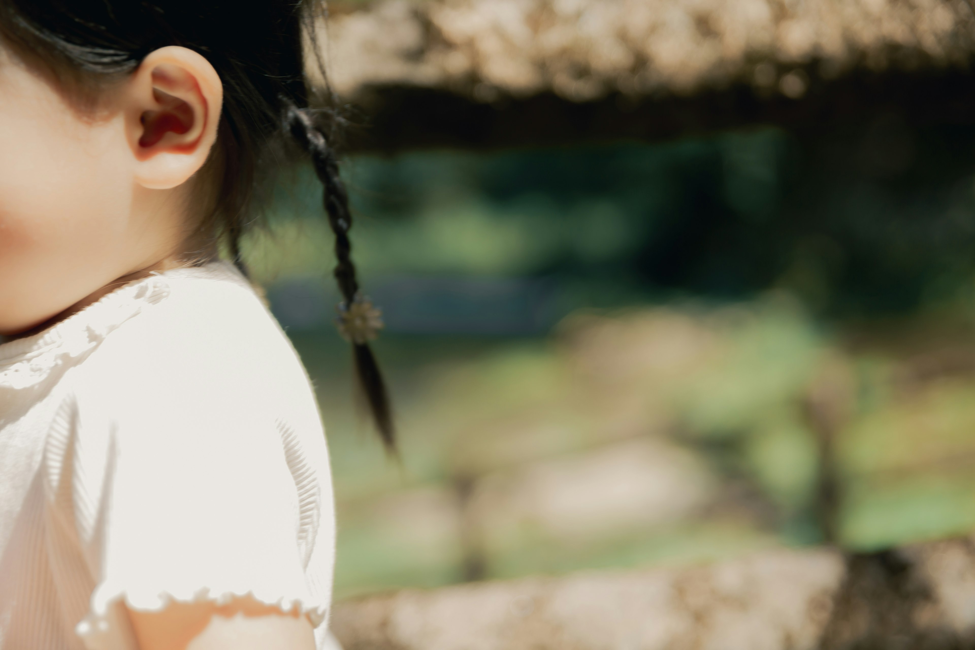 Profilo di una ragazza con capelli intrecciati sfondo naturale