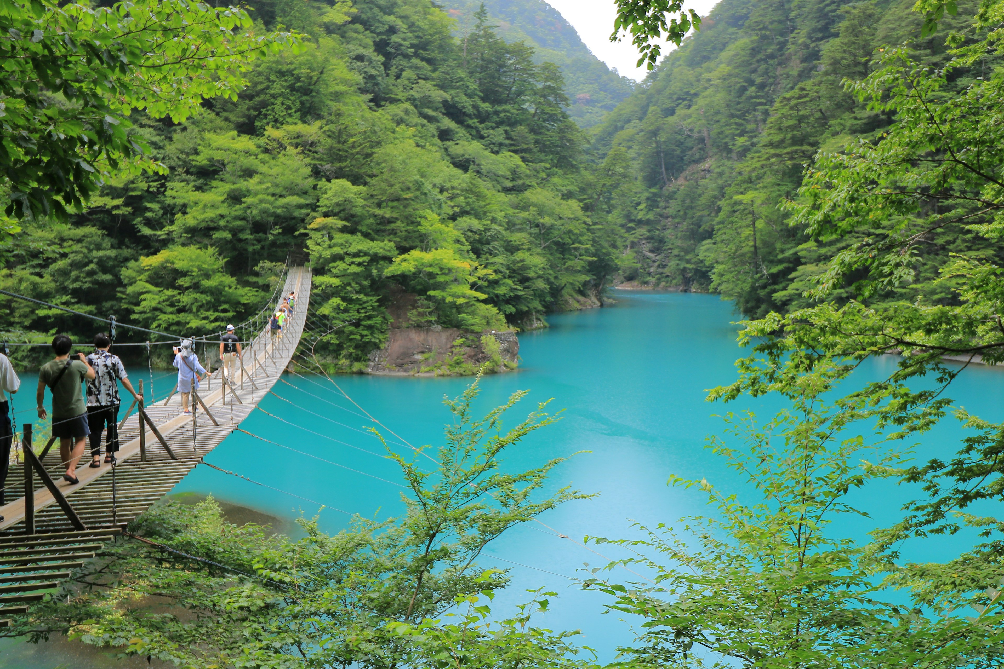 Paesaggio lussureggiante con un lago turchese e un ponte sospeso