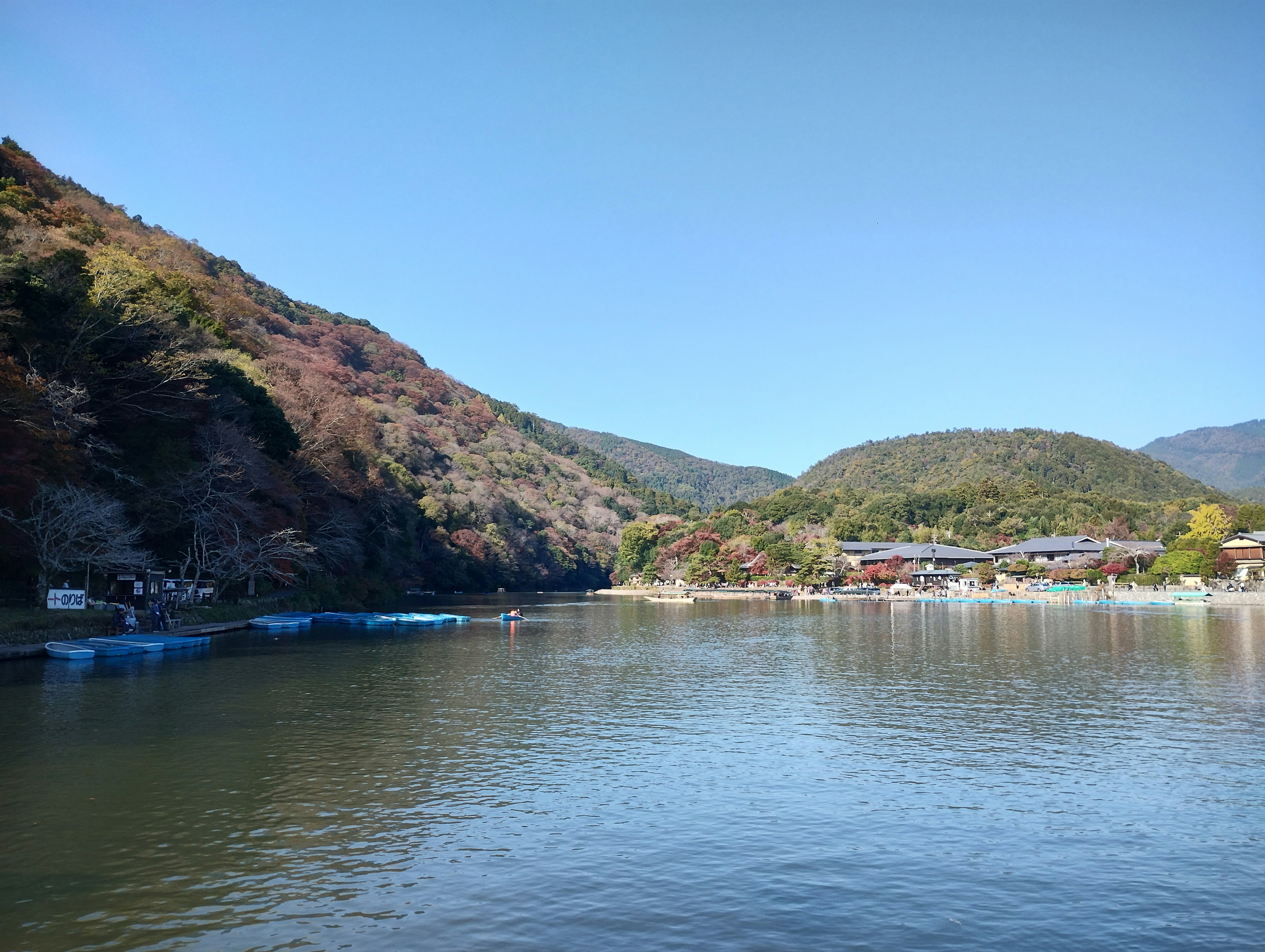 Lago tranquilo con montañas circundantes y cielo azul claro