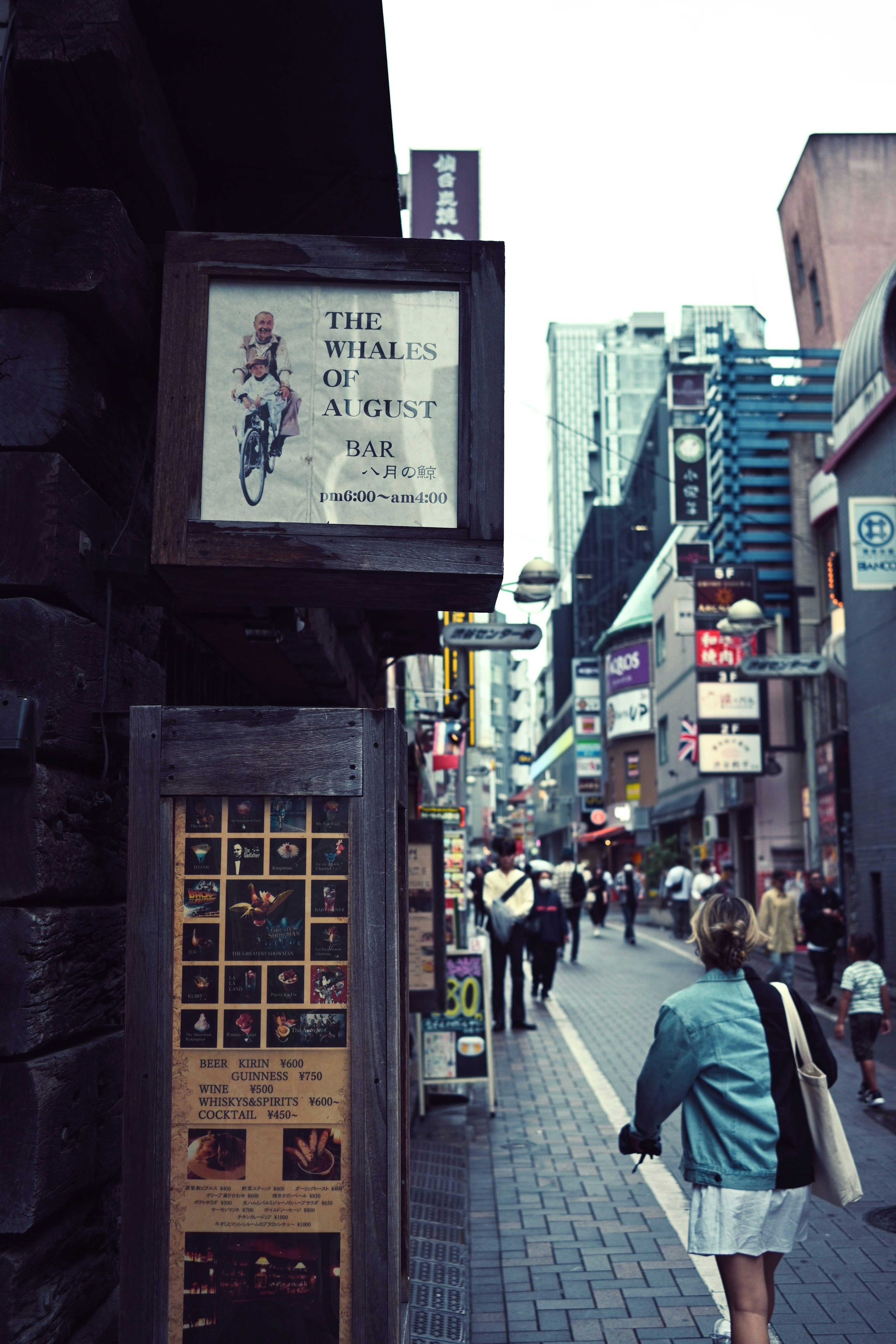 Bustling street scene with pedestrians and storefronts in an urban setting