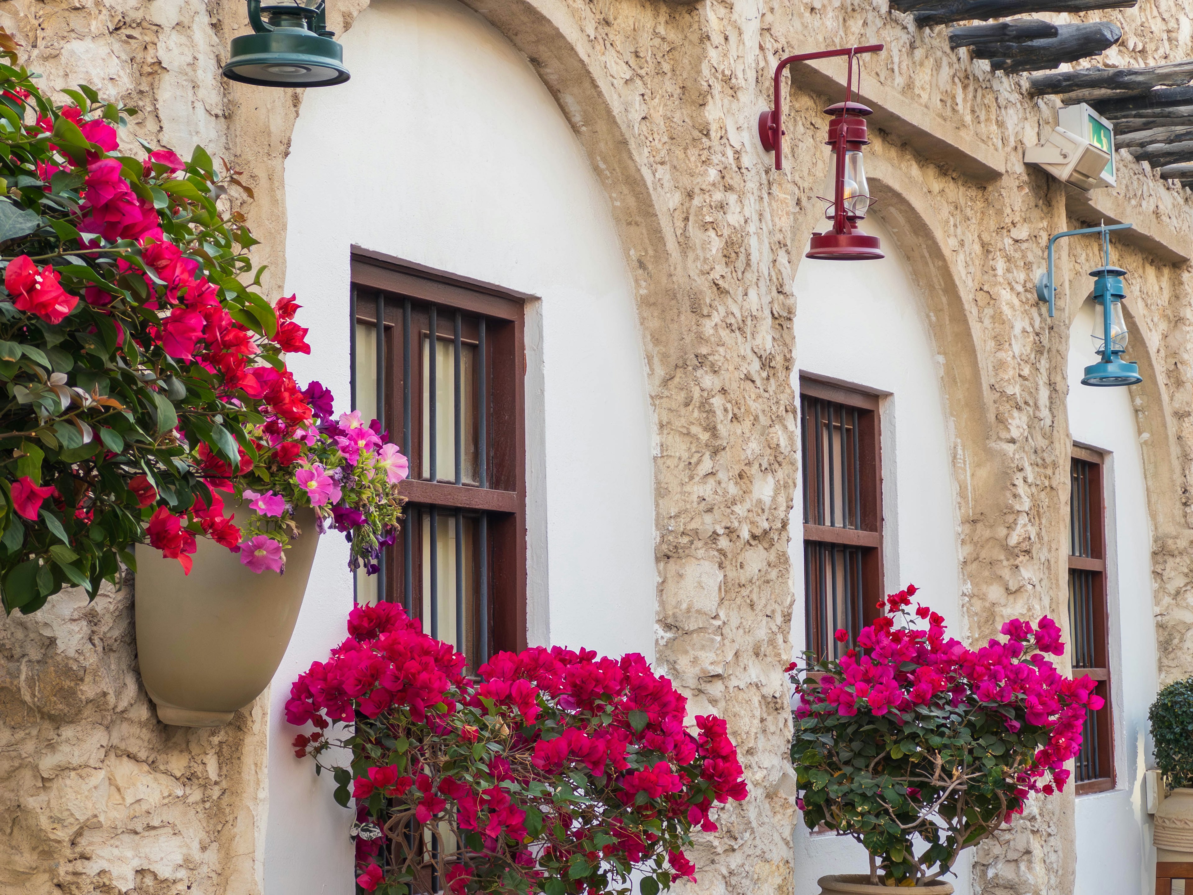 Extérieur d'un bâtiment aux murs blancs orné de fleurs colorées