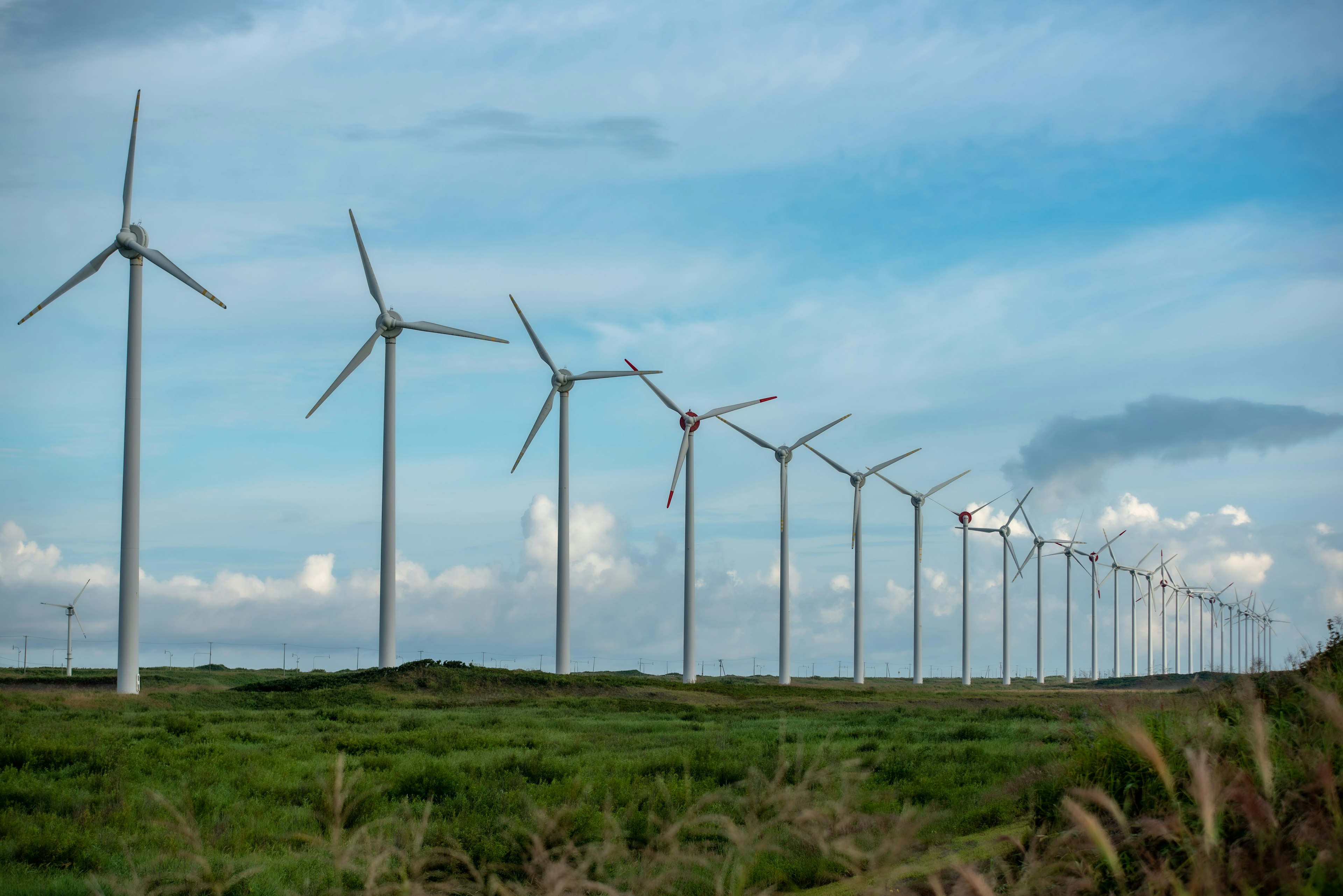 風力発電の風車が並ぶ緑の草地と青空の風景