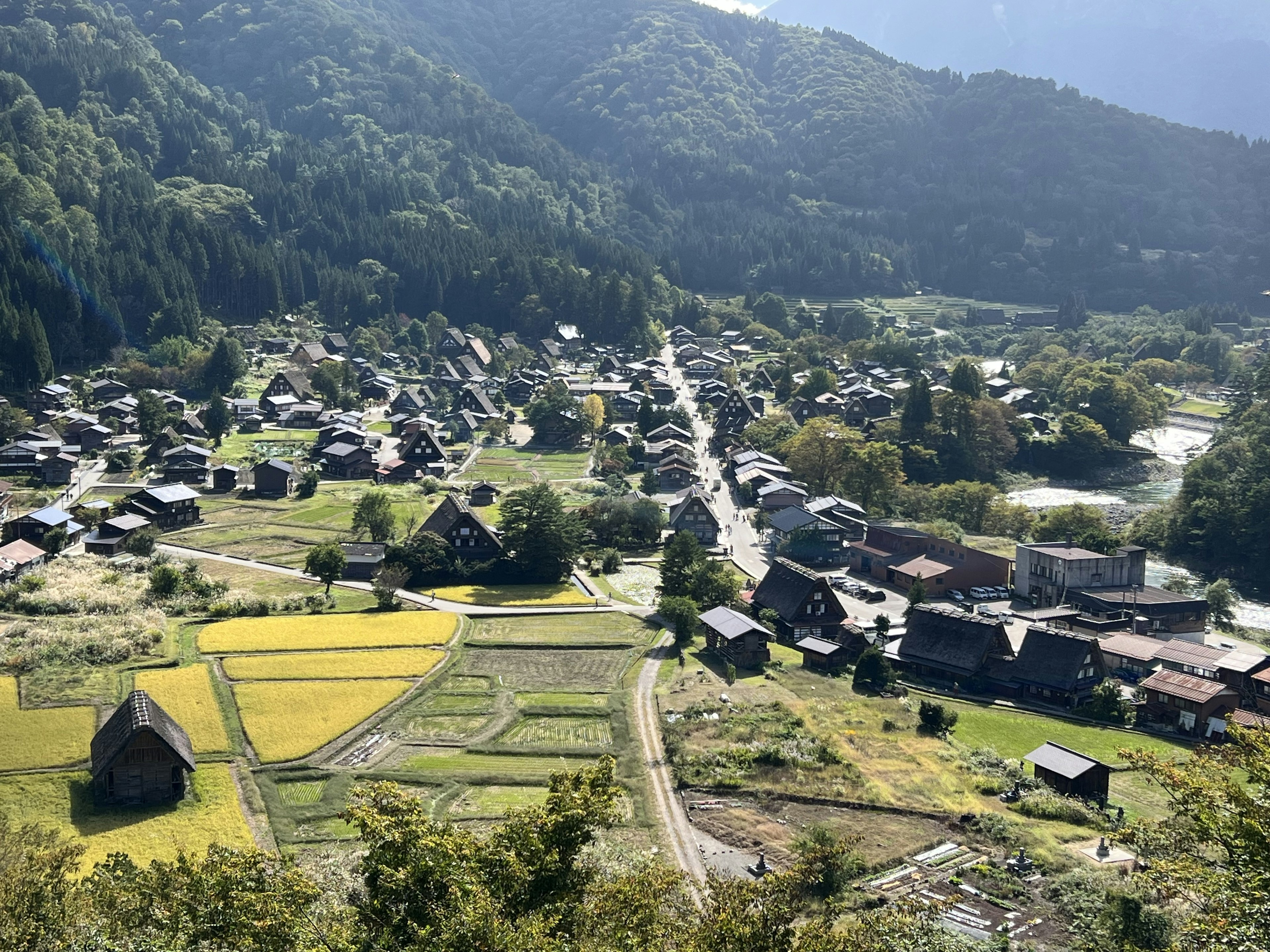 Vista panoramica di un villaggio di montagna con case tradizionali e campi di riso verdi