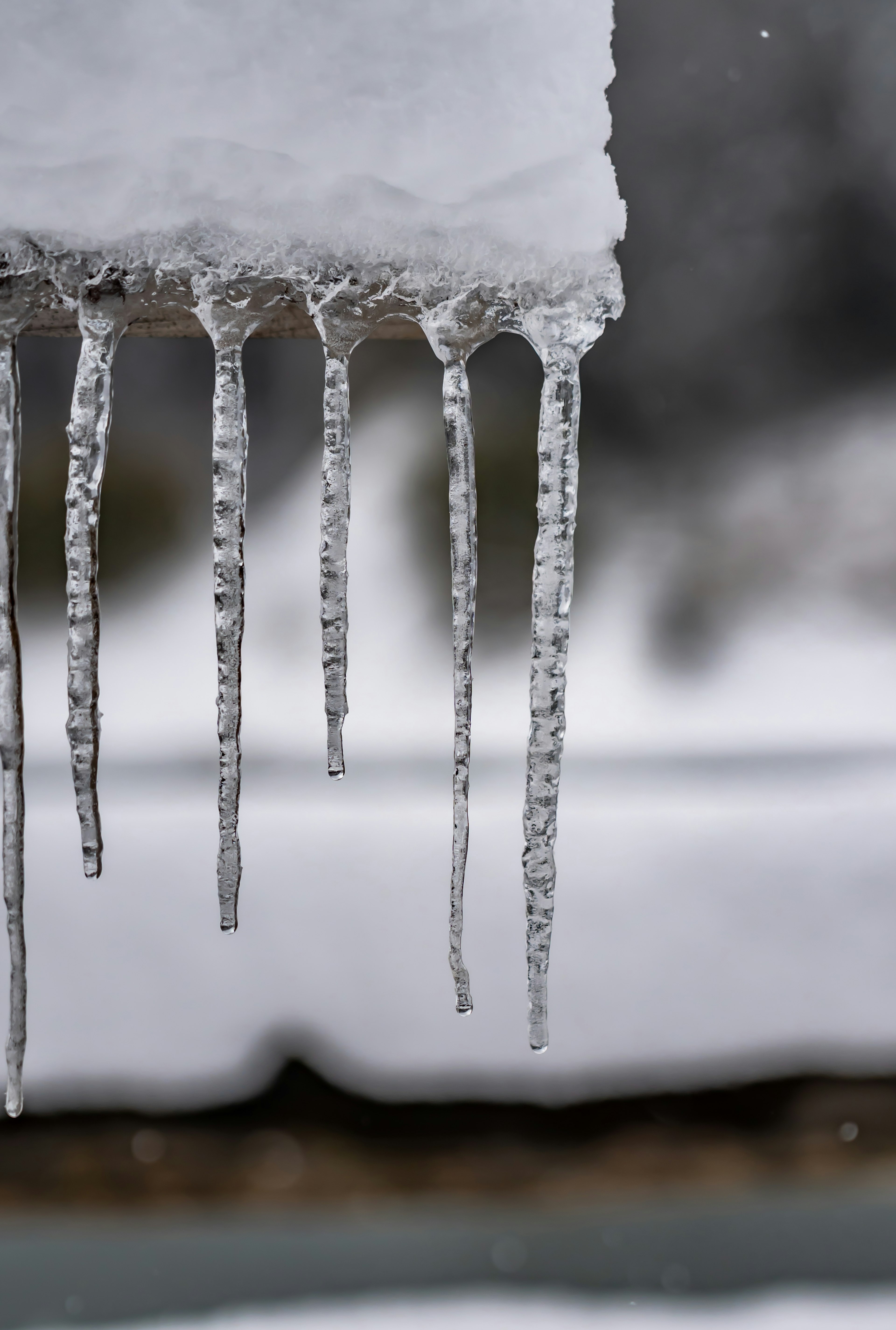 Scenario invernale con stalattiti di ghiaccio appese a una superficie coperta di neve