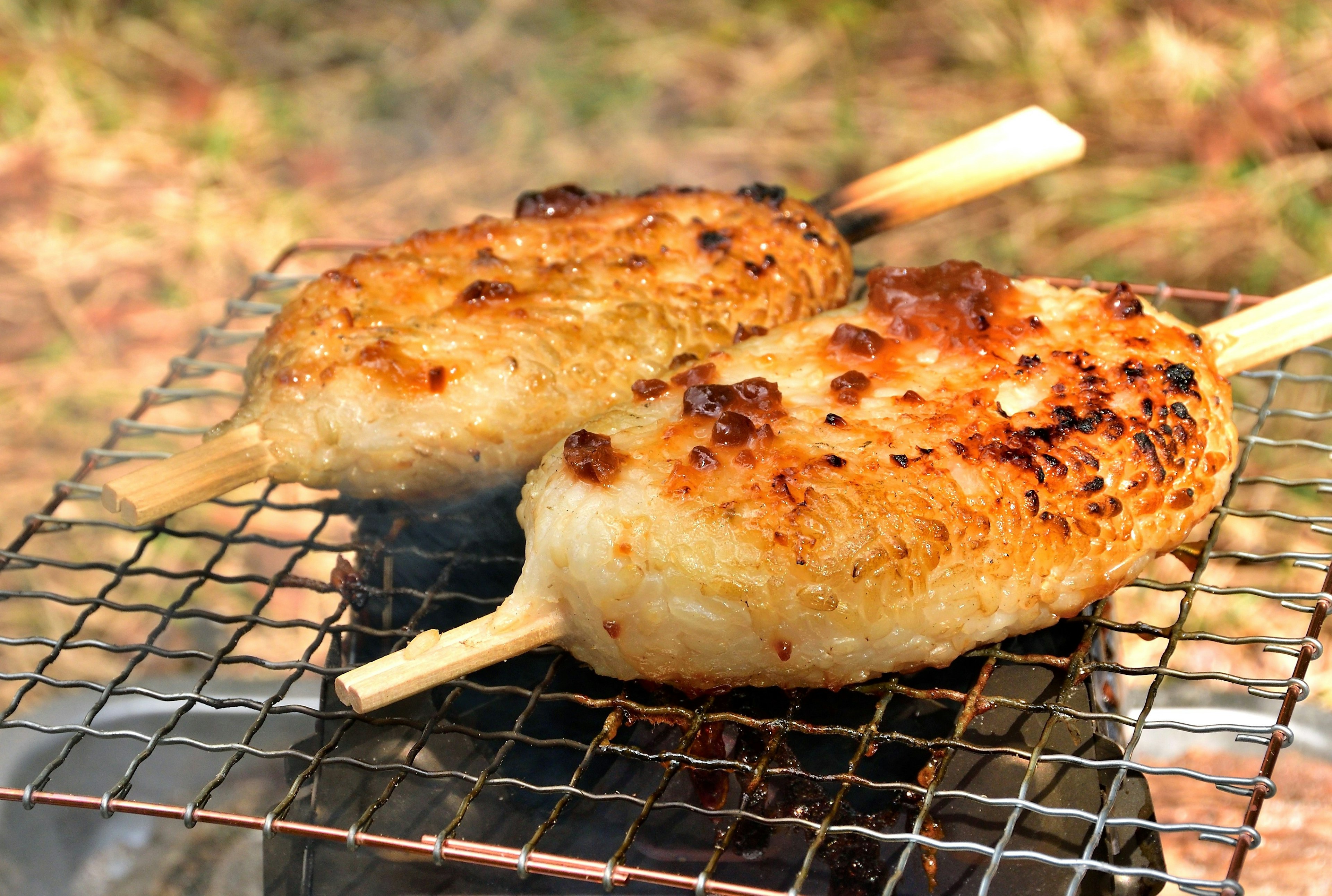 Grilled rice cakes on skewers with a golden brown crust